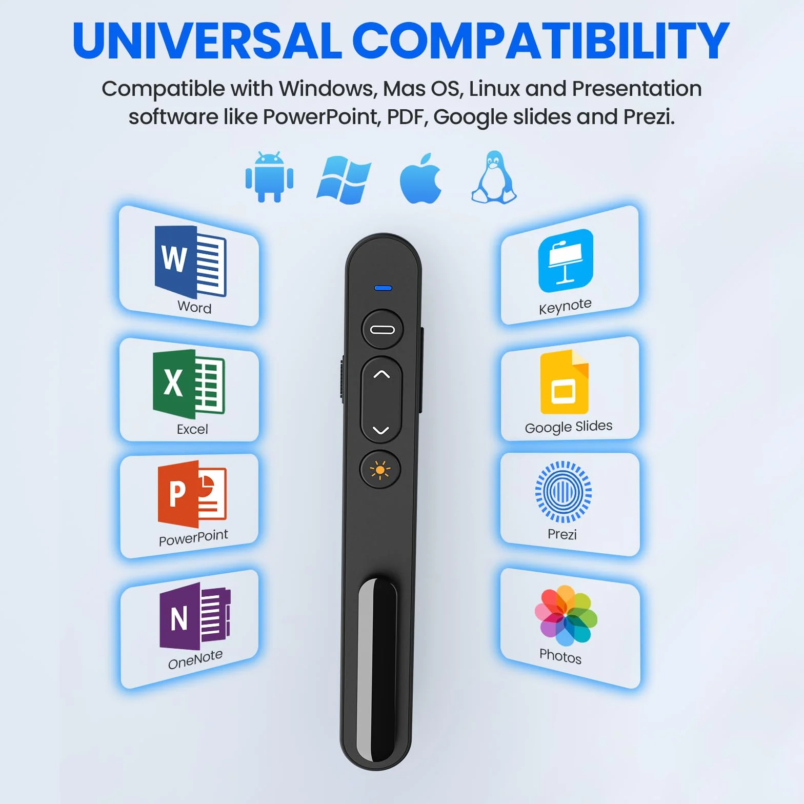 Puntero Presentador Inalámbrico 2,4 GHz con Receptor USB-C Control Remoto para Presentaciones, Hipervínculo y Volumen