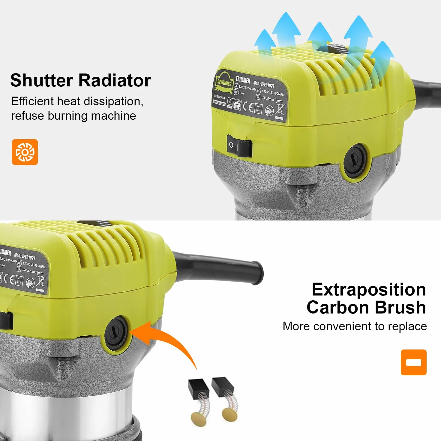Fresadora de Madera Rebajadora Eléctrica, DEWINNER Desmoladora Eléctrica compacta 220 V, 710 W, 3 Bases Incluidas, 3 Pinzas de 1/4 Pulgadas, 6 mm y 8 mm, 5 Fresas de Carburo