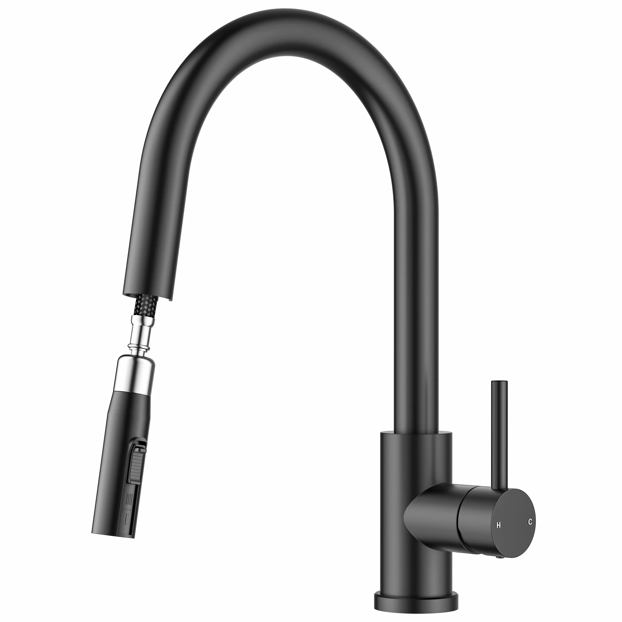 FORIOUS Grifo Cocina, Grifo Cocina Fregadero Extraíble, Torneira Cozinha de Curva Alta con 2 Modos de Rociado, Giro de 360°, Negro Mate