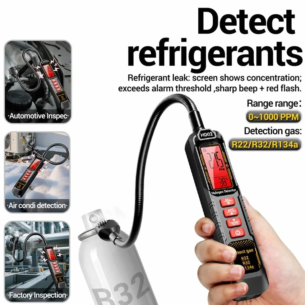 Detector de fugas halógeno Analizador de gas para R22 R32 R134a Aire acondicionado y refrigerador Herramienta de prueba recargable Unidad negra()