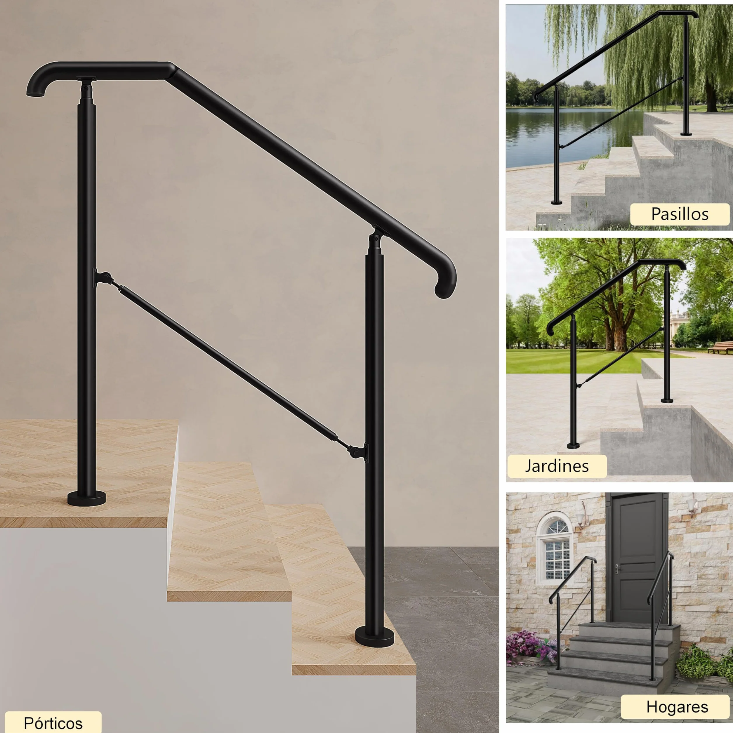 AICA Barandilla de escalera, Barandilla de entrada de acero inoxidable, ángulo de montaje ajustable, Barandilla para entradas, interior y exterior, Negro, 162x102 cm