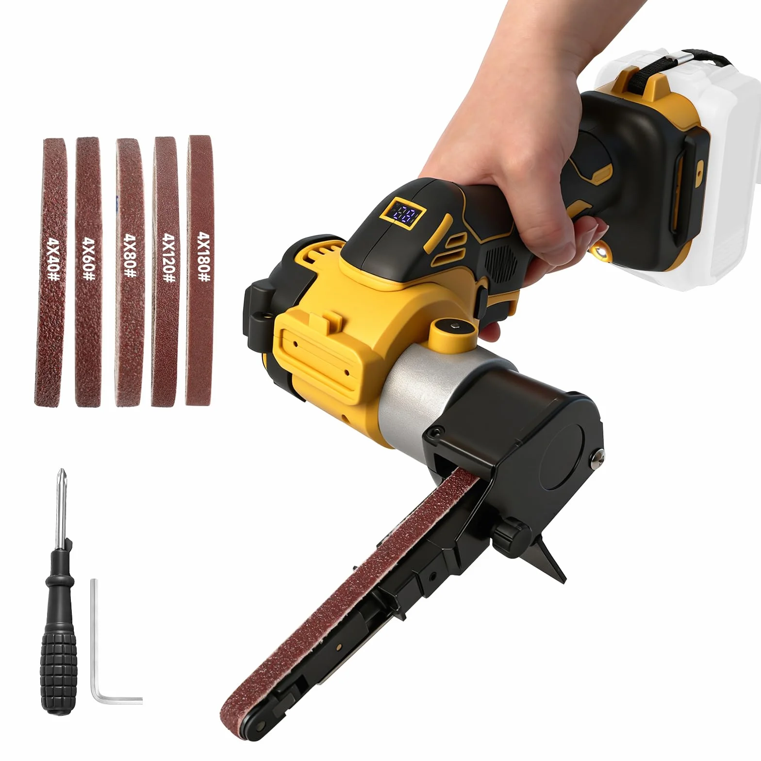 Lijadora de banda inalámbrica compatible con batería Dewalt de 20 V, amoladora de banda ajustable de 0 a 13000 rpm, 360° sin escobillas con 20 bandas de lijado para madera, metal y plástico (amarillo