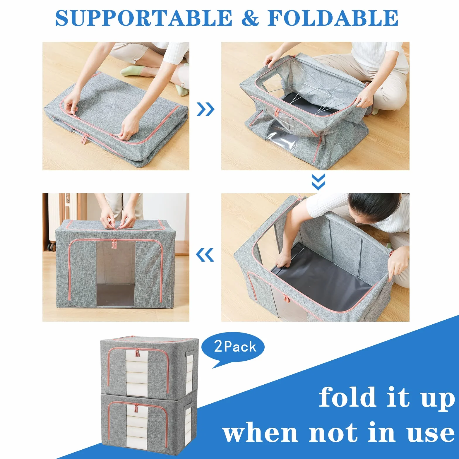 Cajas Almacenaje Ropa 2 Piezas, Organizador Armario Plegable con Ventana Transparente, Soporte Metal, Gris 22L