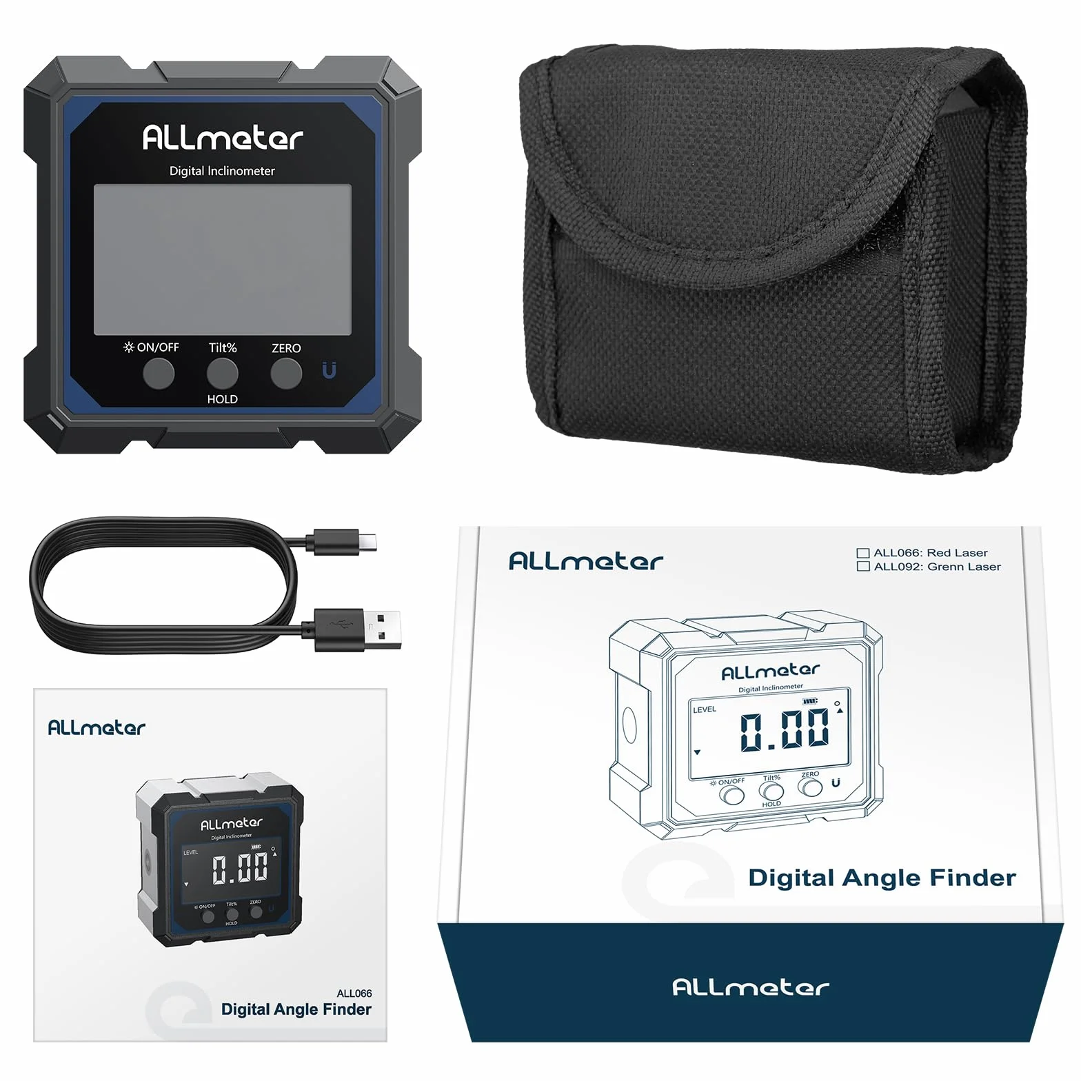 Medidor de ángulo digital recargable con nivel láser, 4 lados magnéticos, láser verde, inclinómetro +/- 0,1°, USB-C, para carpintería y construcción