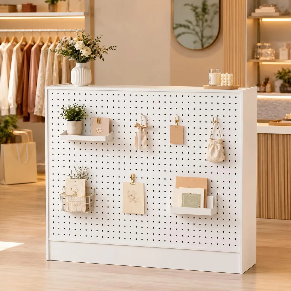 Mostrador de Recepción Blanco 120cm con Panel Perforado, Caja Registradora, 3 Estantes Ajustables, 2 Cajones con Llave, Puerta y Almacenaje, 120×110×50cm