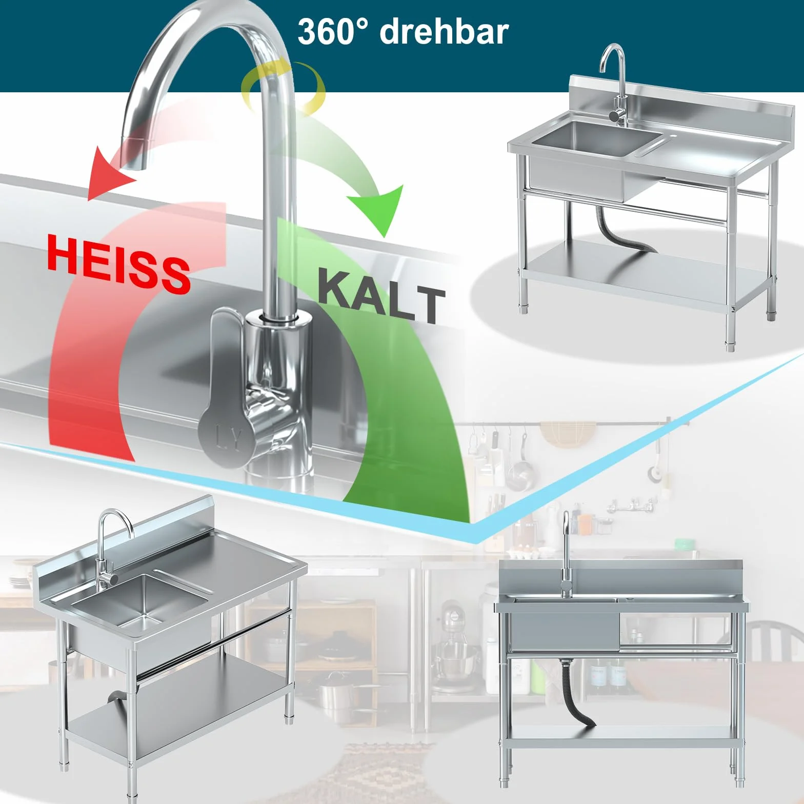 RiveraSink Fregadero Inox Independiente 100×55×80 cm con Encimera, Grifo Giratorio 360°, Cesta Filtro y Cubeta Grande – Altura Ajustable, Fácil de Limpiar – para Cocina, Hostelería y Jardín