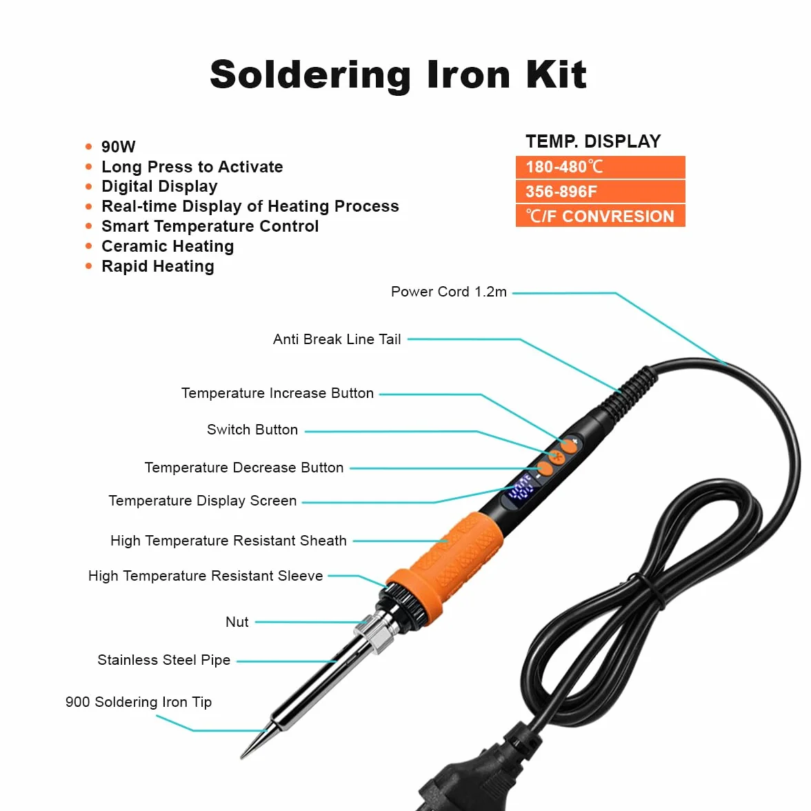 Kit de fallas de soldadura de inserto roscado Mintion, soldador de 90 W con control digital de temperatura, inserciones roscadas M3 para impresión 3D, fallas soldadura M2-M8, accesorios impresión 3D