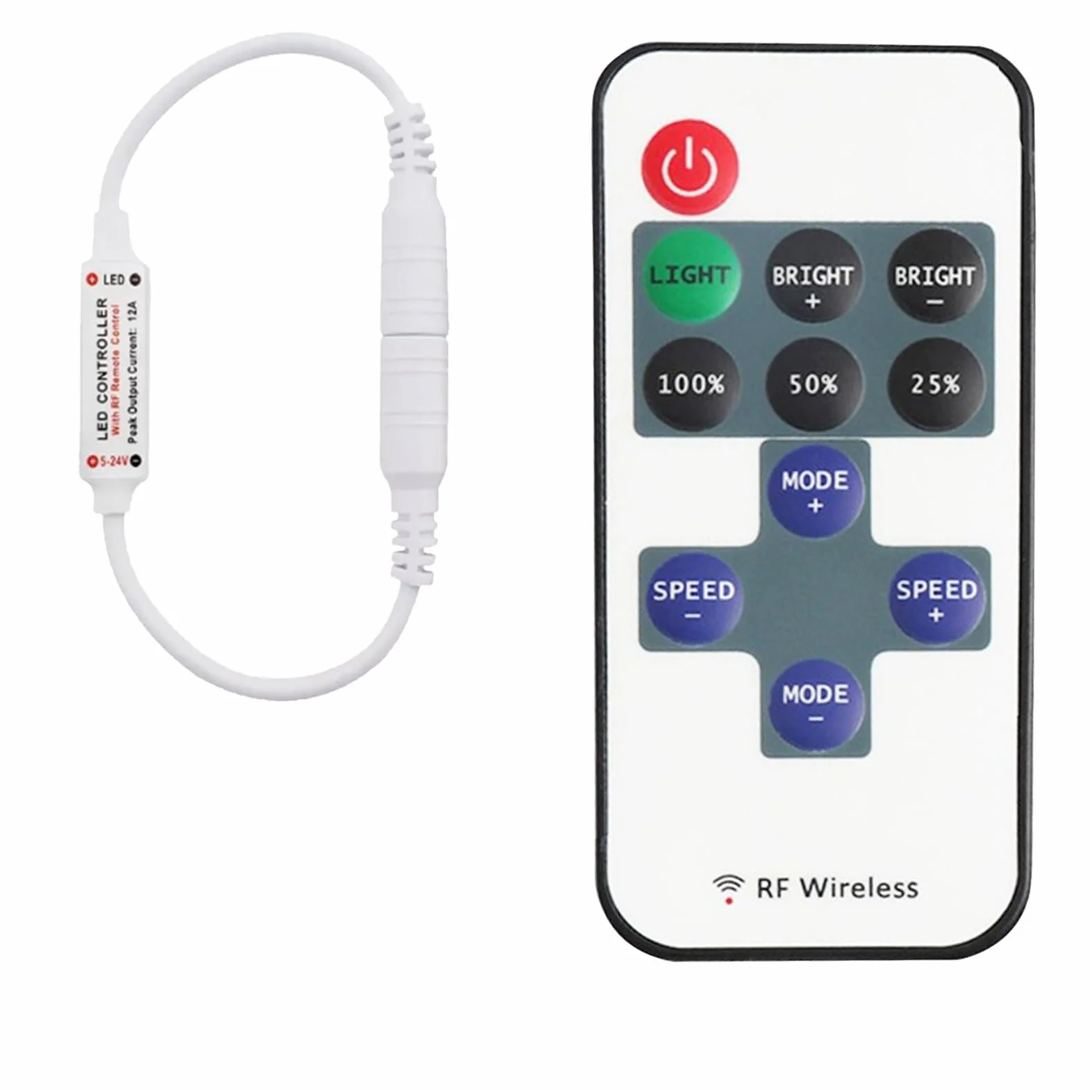 Controlador RF11 con Cable DC 5V-24V 5A - Regulador Intensidad Tira Monocromática - Mando a Distancia para Cinta SMD 3528 2835 (Blanco)