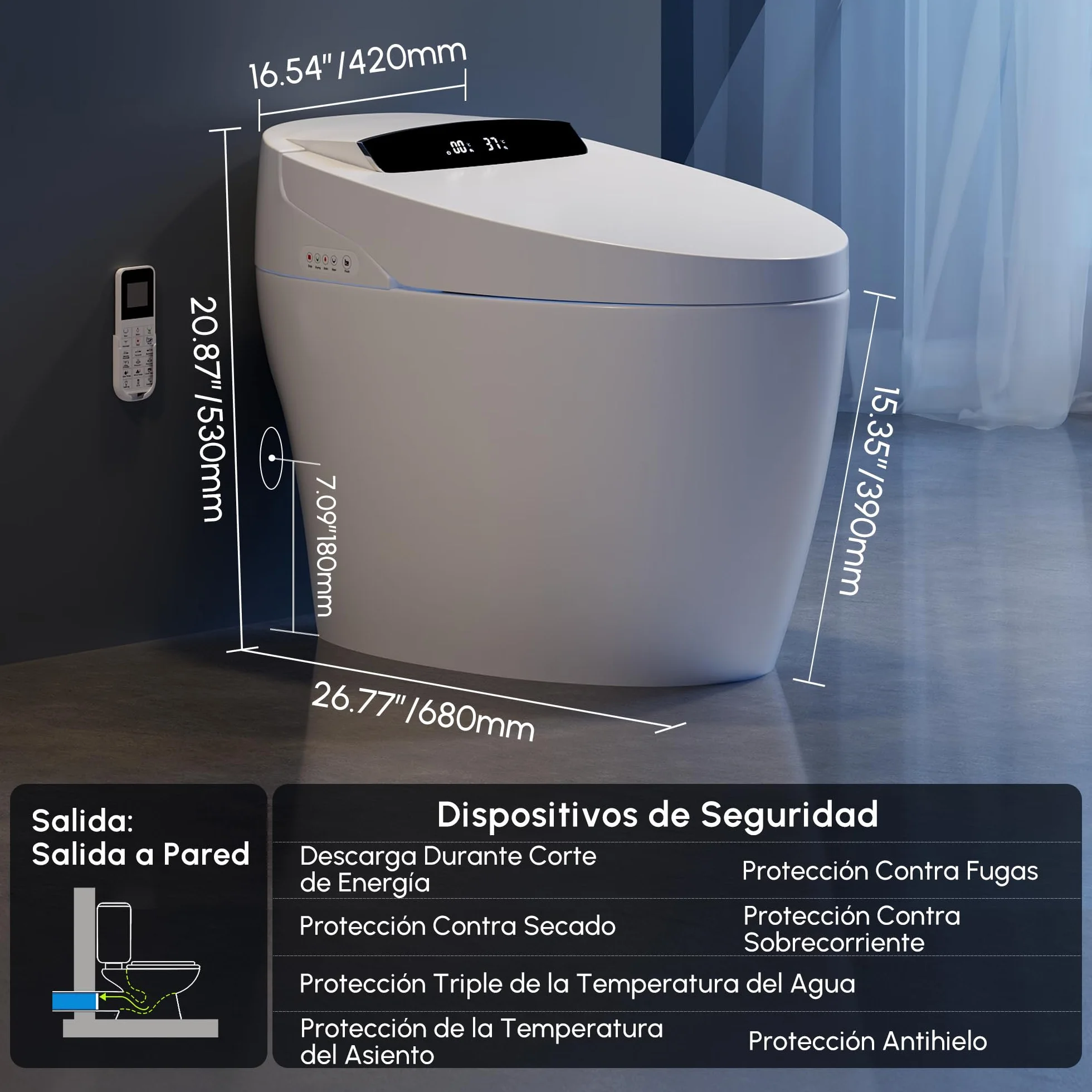 Homary Inodoro Inteligente Japonés Sin depósito con Bidé Integrado Automático, Asiento Calefactable, Luz Nocturna, Estándar Tapa de Accionamiento Manual, Salida al Suelo, J021123088