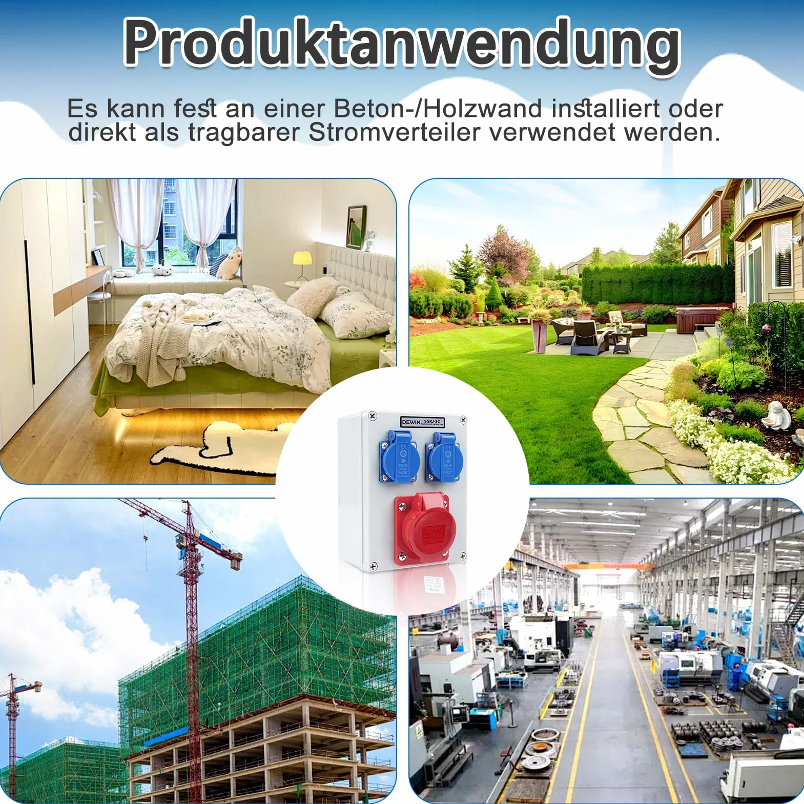 Distribuidor de Corriente de Pared, Enchufe Exterior Estanco 2x 220V Enchufes Schuko 16A+Enchufes CEE 16A 5P (3P+N+E) Caja Cuadro Electrico IP66 Impermeable para Construcción, Interiores y Exteriores