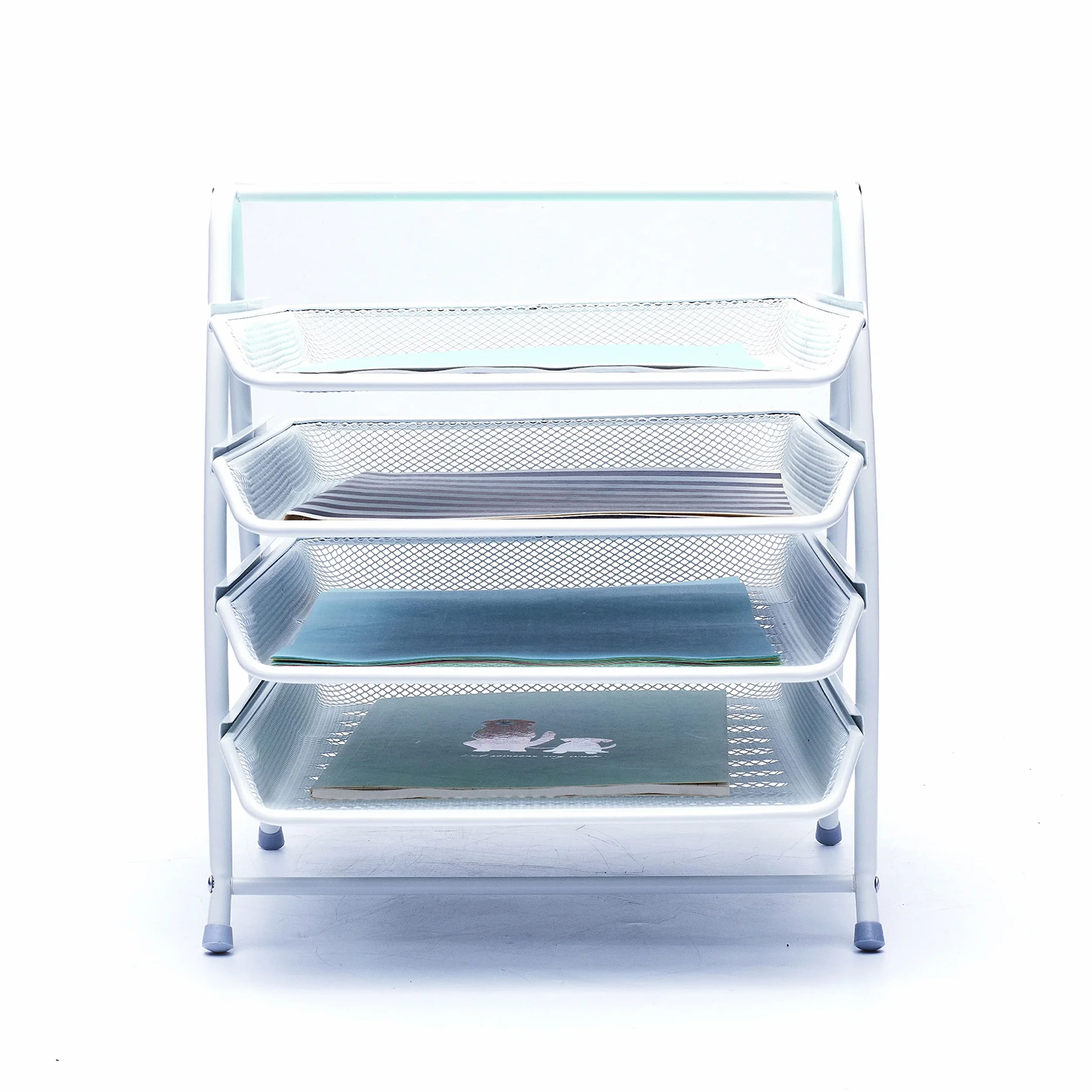 EXERZ Bandejas de Cartas de 4 Capas, Organizador de Escritorio, Soporte para Archivos, Estante de Metal Malla de Alambre Blanco