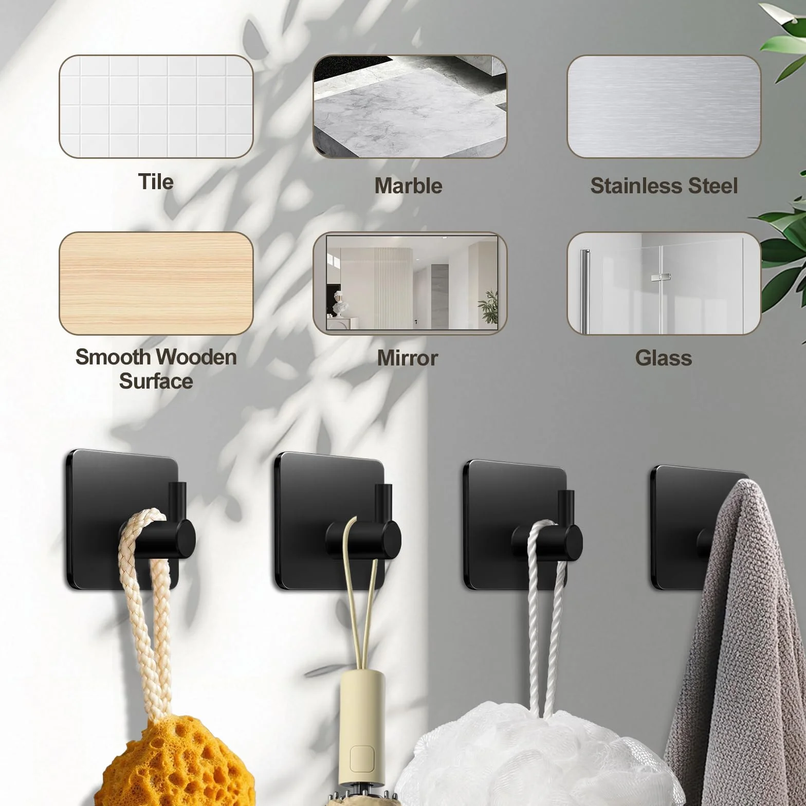Ganchos Adhesivos para Pared Acero Inoxidable, 4 Piezas Negro, Colgadores Adhesivos, Autoadhesivo Colgador Toallas, Accesorios para Baño Extrafuertes y Sin Taladro, Multi-Uso para Llaves y Ropa
