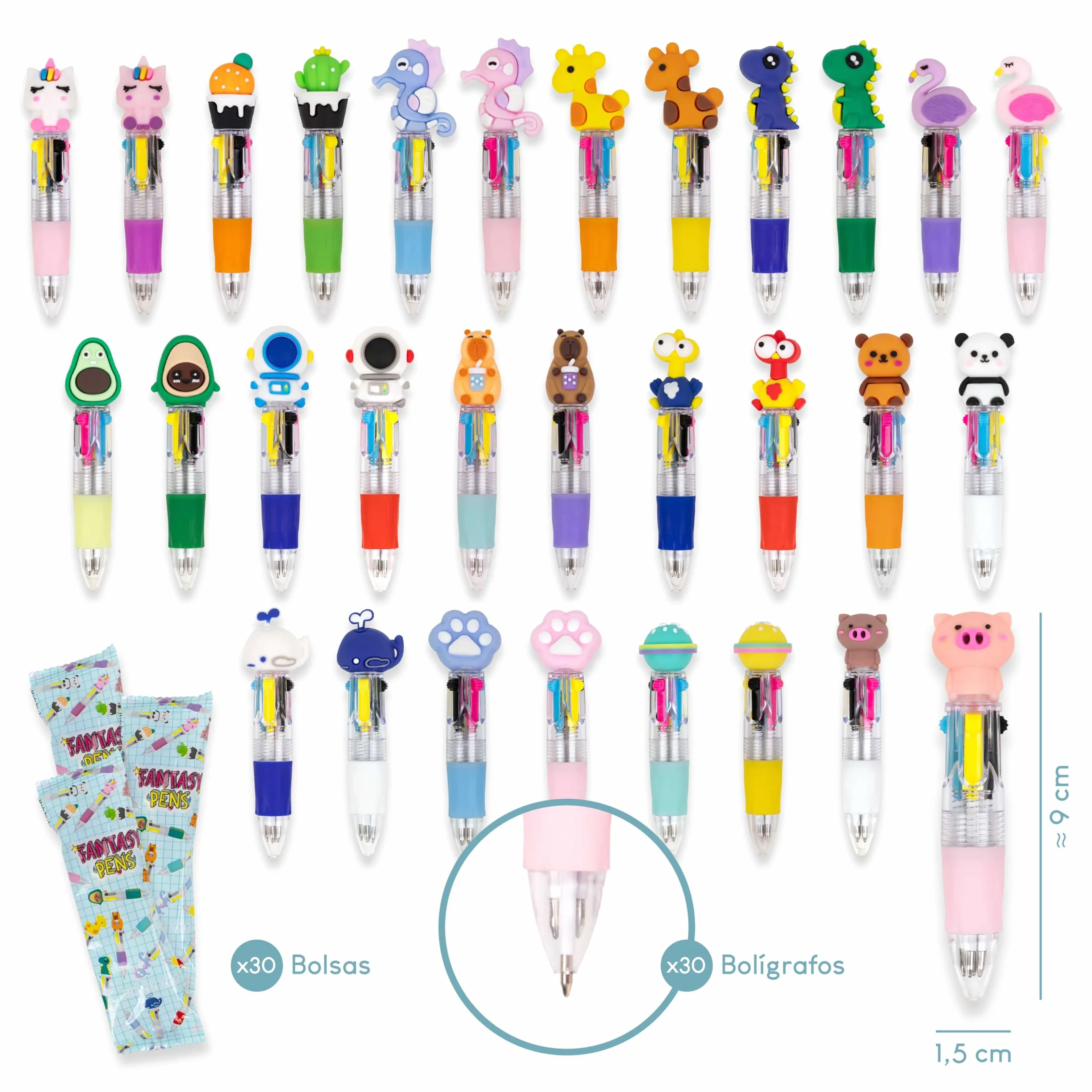 BONNYCO Boligrafo Multicolor 4 Colores con Figuras Divertidas, Pack 30 Regalos Cumpleaños Niños Colegio