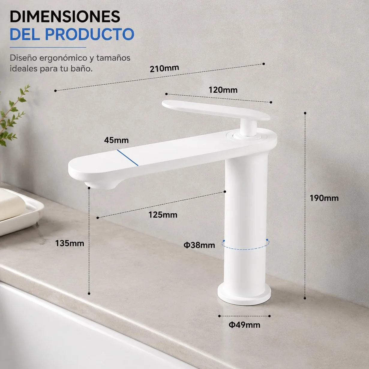 Grifo de Lavabo Blanco Satinado de Acero Inoxidable 304, Diseño Minimalista, Monomando Moderno para Baño, Fácil de Instalar