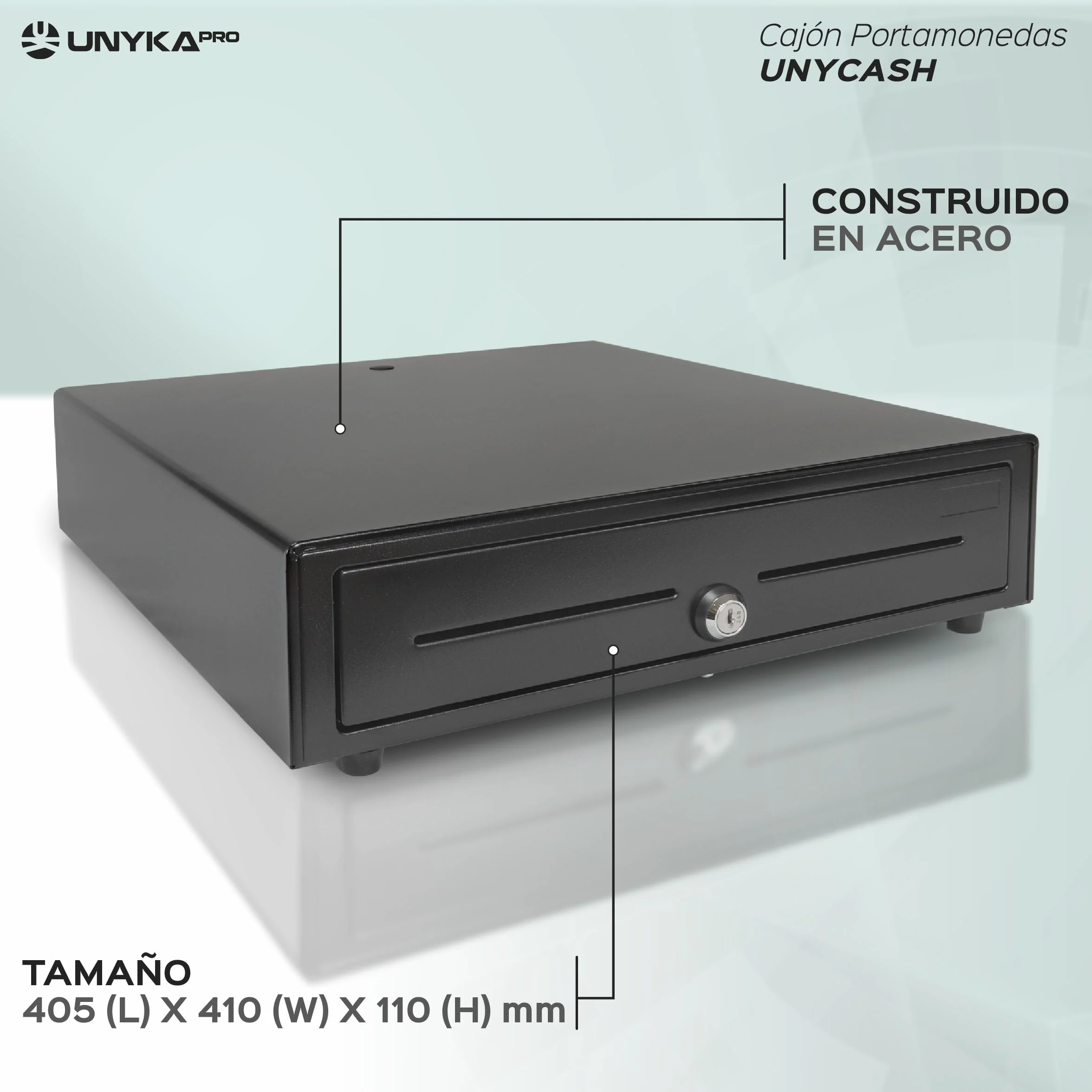 UNYKAch Cajón Portamonedas UNYCASH 56001 Estructura Metálica 41x41cm 4 Compartimentos para Billetes y 8 para Monedas Apertura Automática RJ11 Manual con Llave Compatible con Sistemas POS