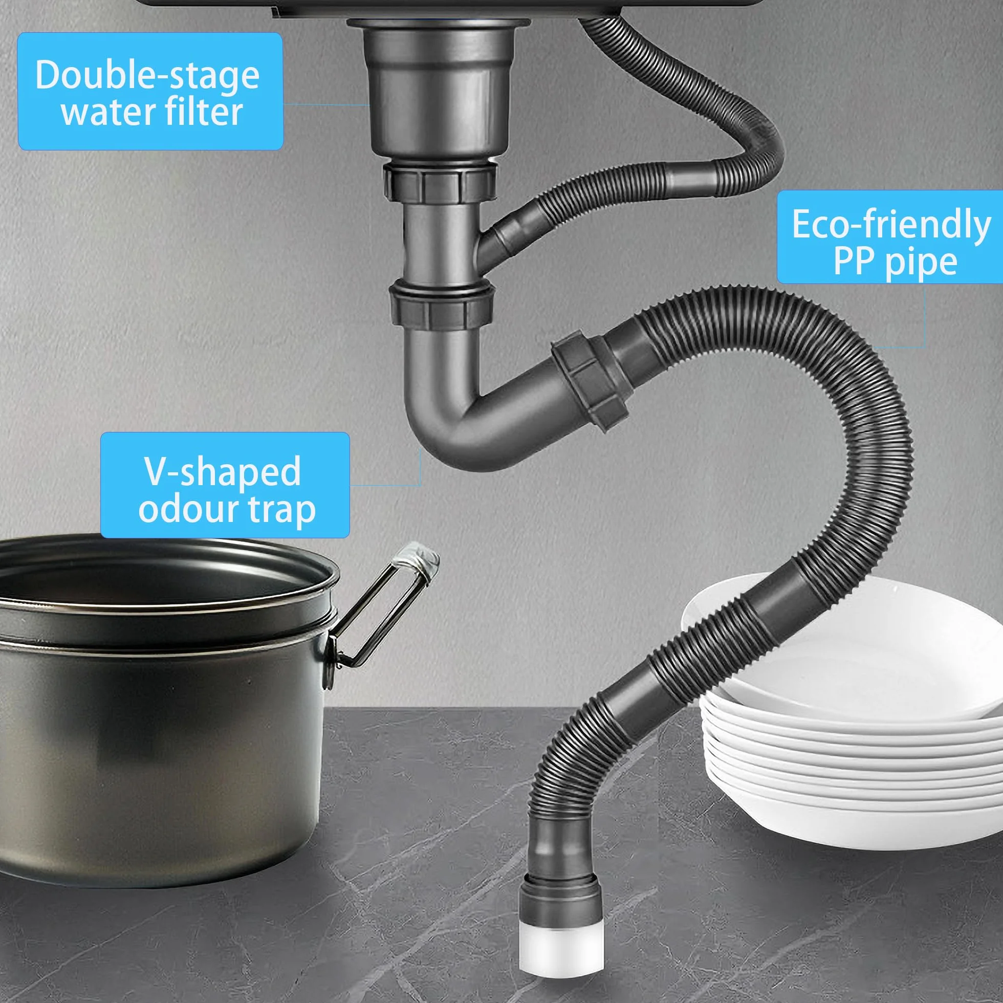 Fregadero de Cocina 1 Seno con Escurridor, Acero Inoxidable Negro, con Dispensador de Jabón para Baño, Viajes en Caravana, 68 * 45 * 20cm