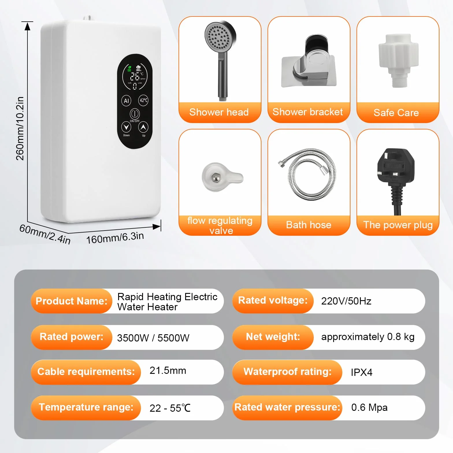 Calentador de agua eléctrico de paso, 5500 W, 220 V, indicador de temperatura, unidad integrada, control inteligente, mini calentador de agua, adecuado para duchas y baños