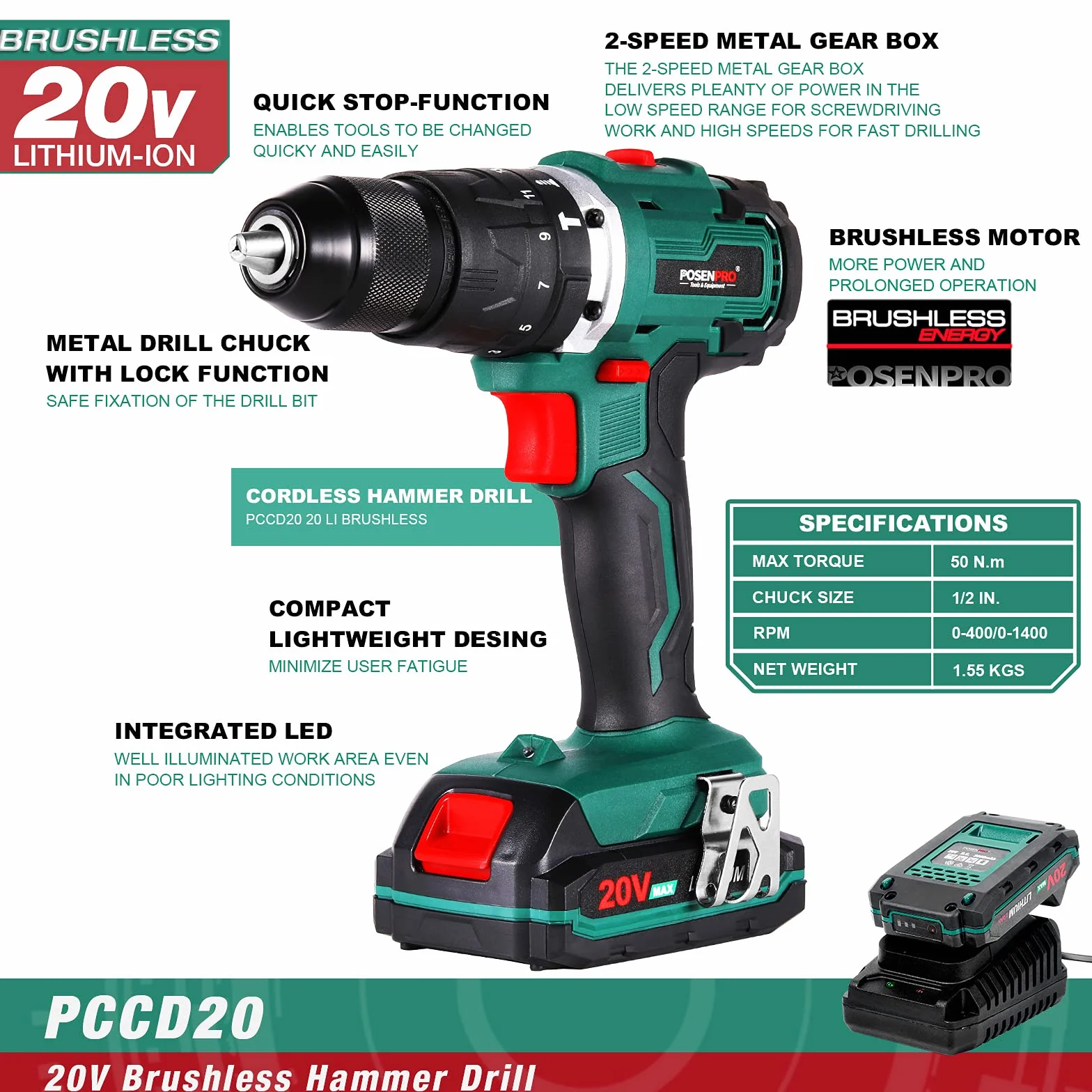 POSENPRO Taladro Percutor a Bateria 20V, Sin Escobillas Taladro Atornillador Bateria con 2 Baterías 2000mAh, 50Nm, 19+3 Ajuste de Par Destornillador Electrico, 2 Velocidad, Luz LED, Bricolaje