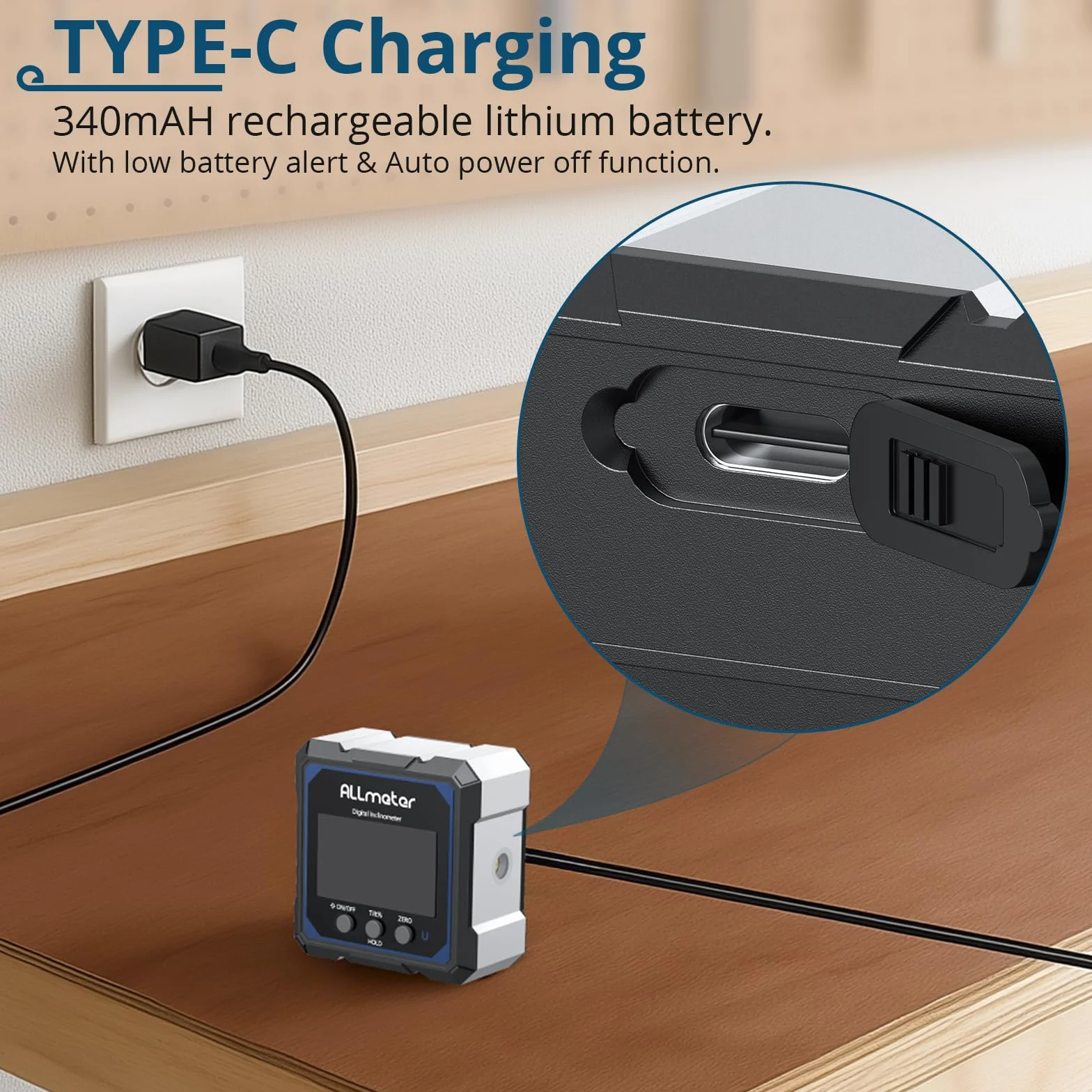 Medidor de ángulo digital recargable con nivel láser, 4 lados magnéticos, láser verde, inclinómetro +/- 0,1°, USB-C, para carpintería y construcción