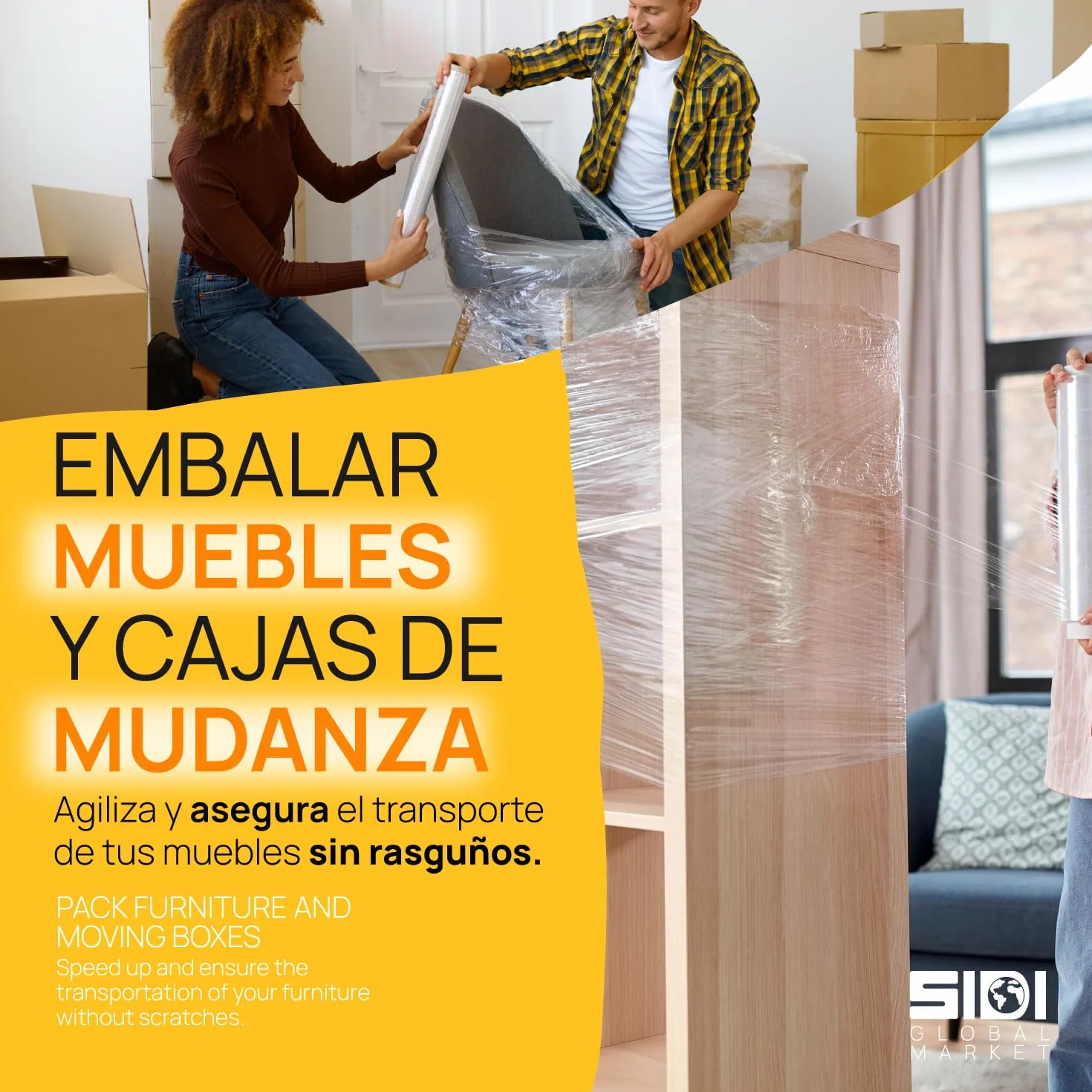 Film Blanco para Embalar, Film, Papel Film, Rollo de Plastico Protector Muebles, Cajas Mudanza, Plastico Cubretodo 50 x 110 m estirables - SIDI (1 und, Blanco)