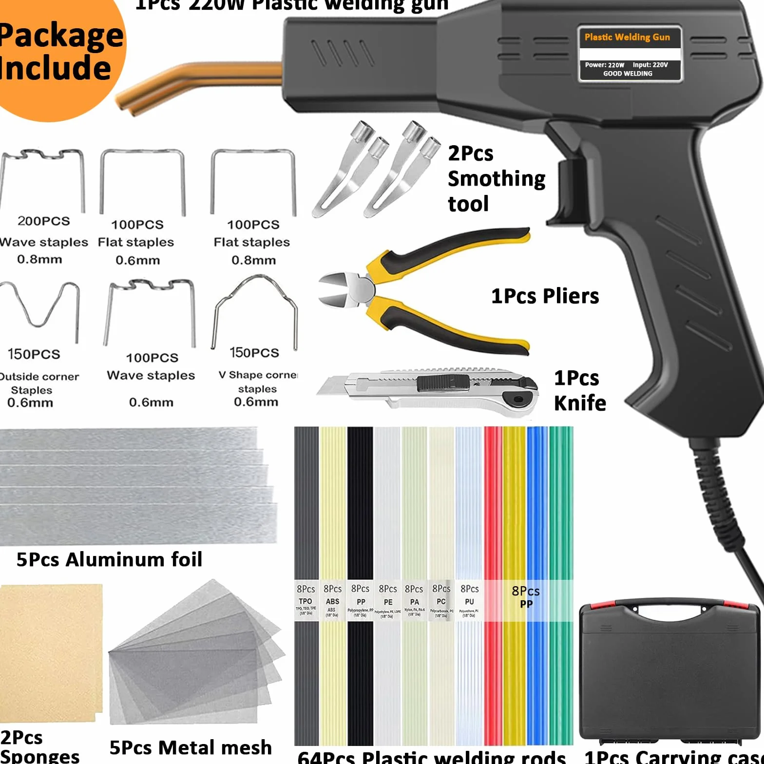 220W Soldador de Plástico, 2 en 1 Plástico Soldadura Reparando Kit con 2pcs Herramientas de Suavización, 800pcs Grapas & 64pcs Varillas Soldadura para Reparación Parachoques, Piezas de Plástico