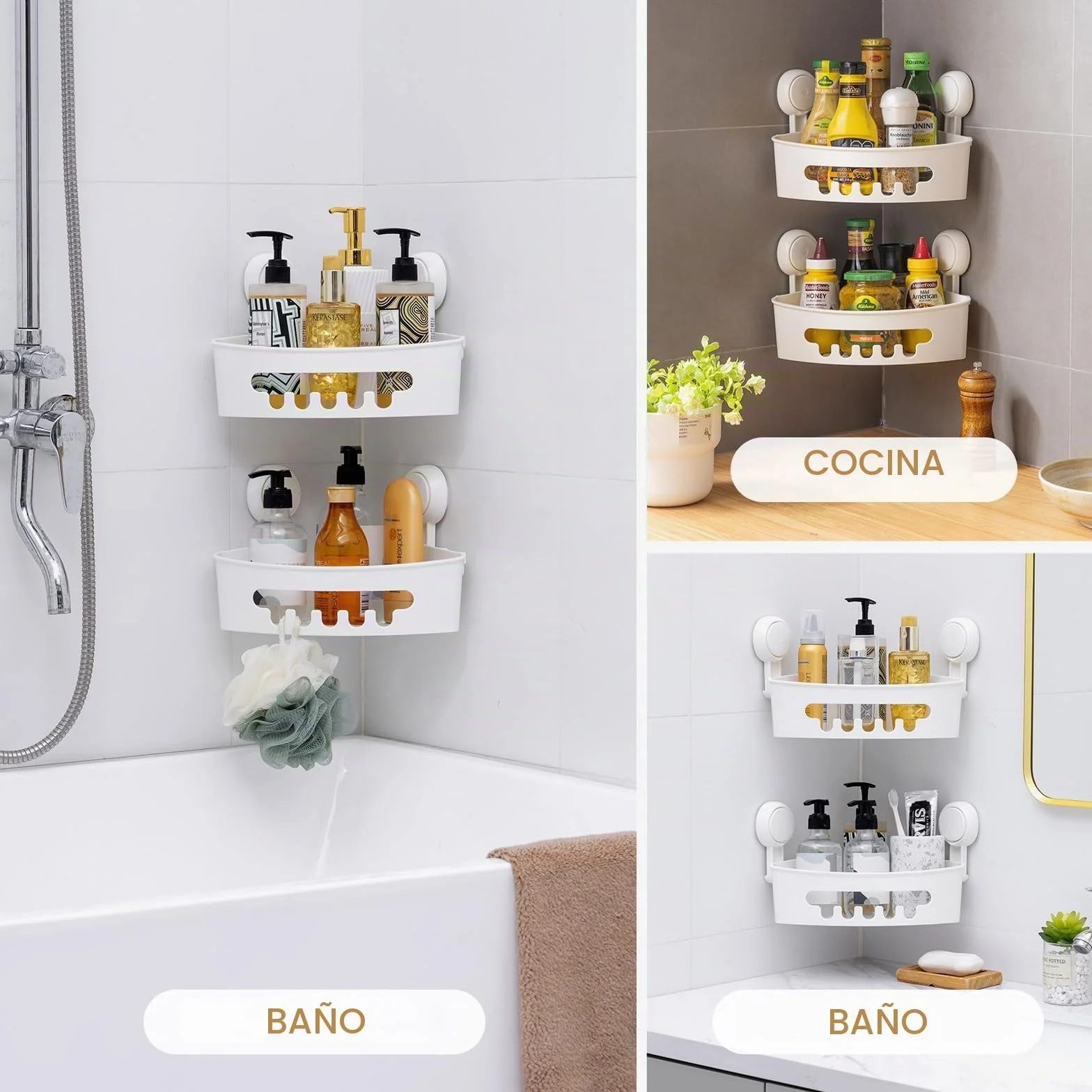 LEVERLOC Ventosas de Vacío Estantería de Ducha sin Taladrar Estantería de Esquina para Baño y Cocina Extraíble MAX Hold 10KG Estanteria Baño Ducha Rinconera Impermeable Estante Ducha, 2 Unidades