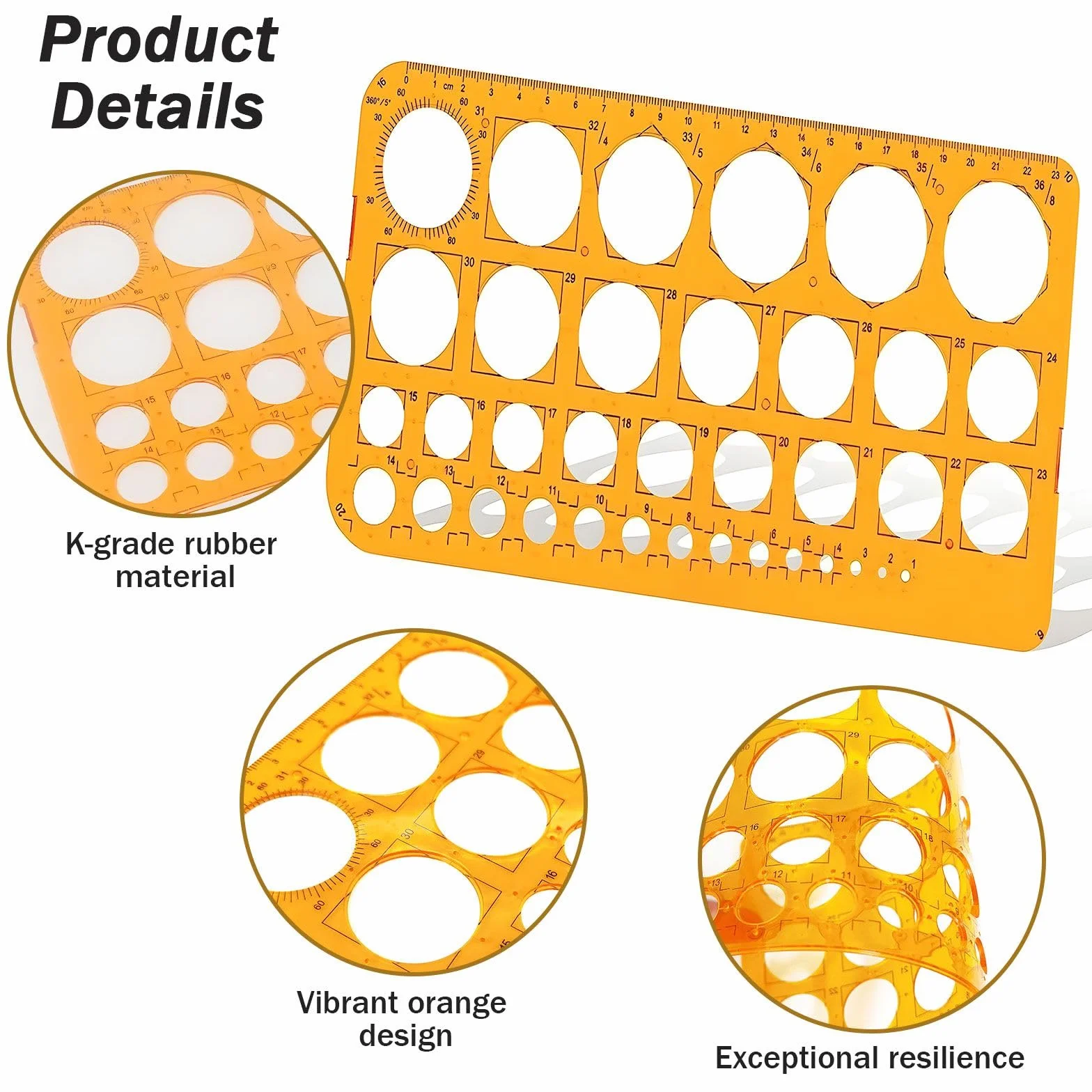 Plantilla de dibujo de 36 círculos, plástico resistente, naranja transparente para dibujo técnico