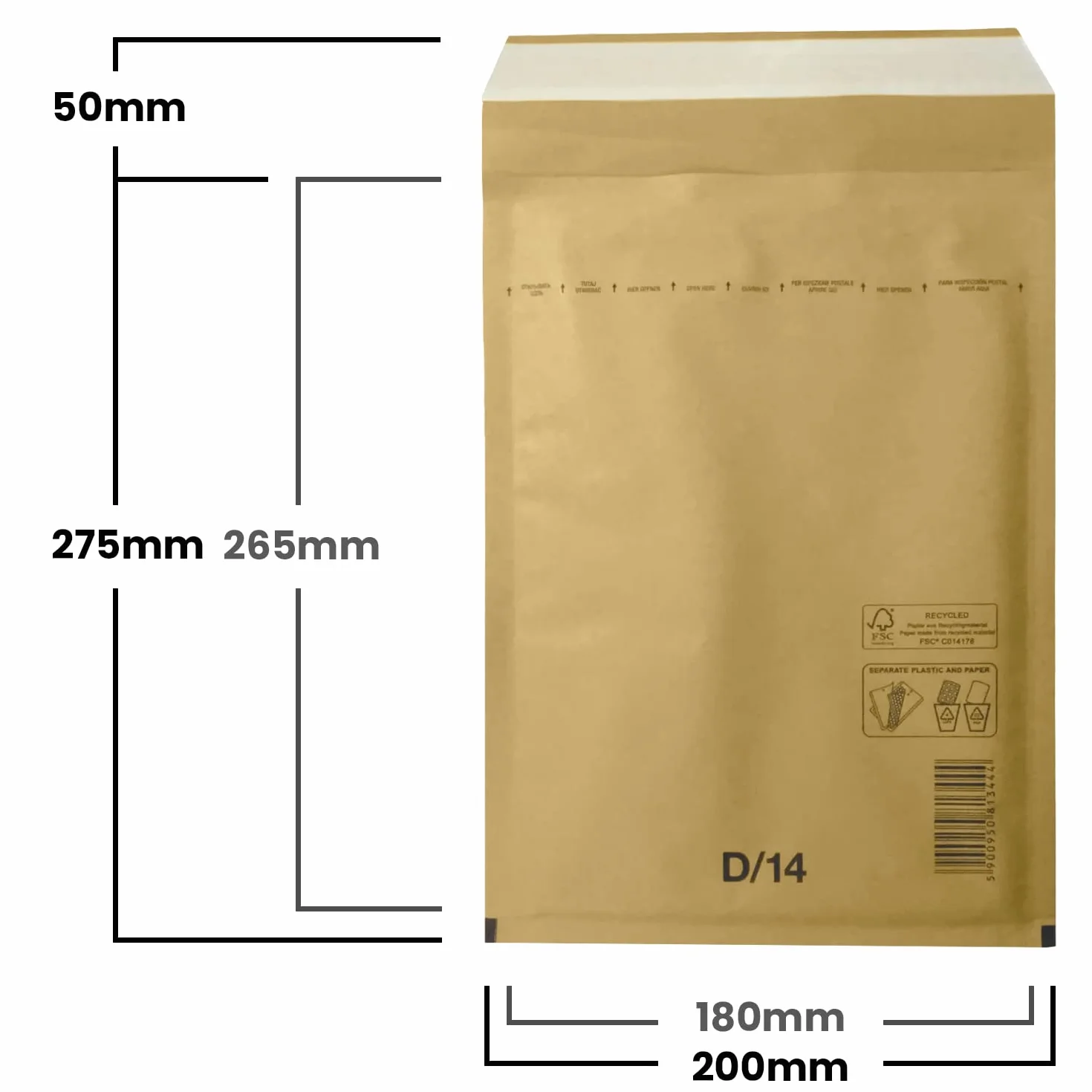 Sobres acolchados con burbujas de aire Netuno DIN 14 200x275mm autosellados reciclables resistentes al desgarro