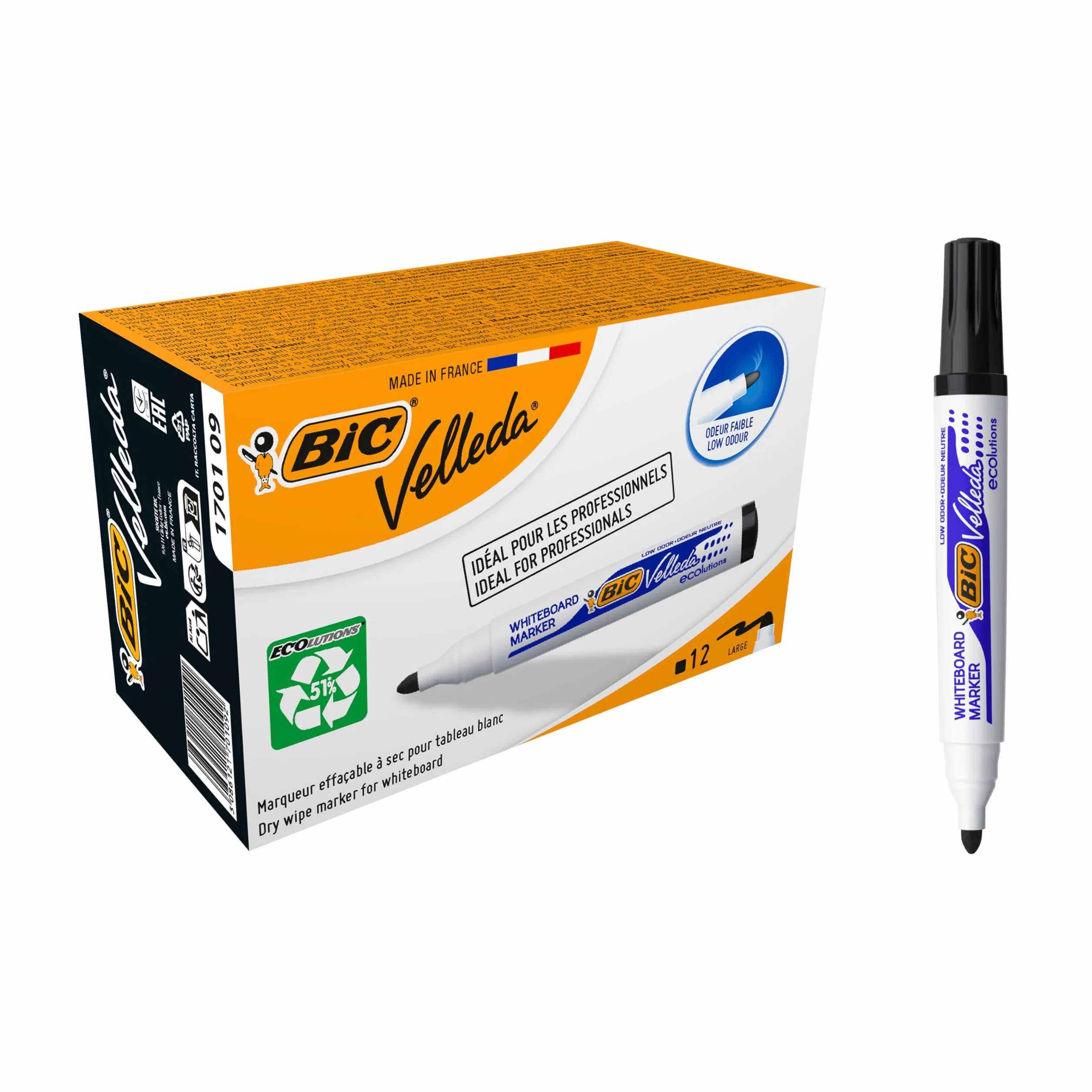 BIC Velleda Marking Rotuladores para pizarra blanca, 1701 ecolutions, Negro, Punta Media, Caja de 12