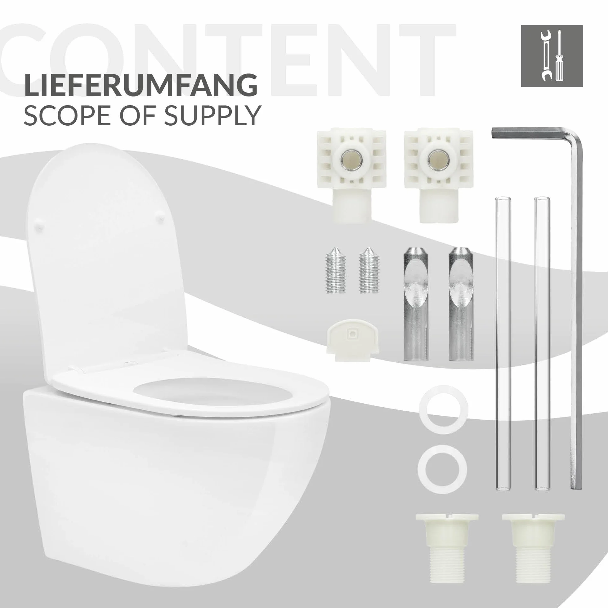 LuxeBath WC Suspendido Blanco Brillante de Cerámica sin Borde, Inodoro Colgante Corto de 49cm con Nanorecubrimiento, Descarga Profunda de Tornado para Baño Estilo modenro, Wáter con Asiento Extraíble