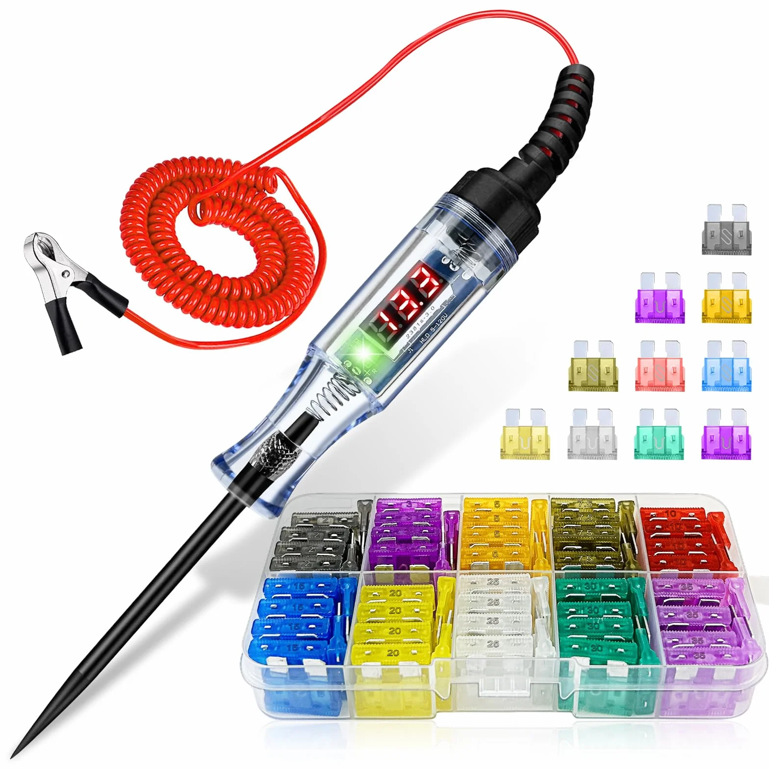 Probador de fusibles y kit de fusibles de coche (2.5-32 V, con pantalla digital LED y indicador luminoso)