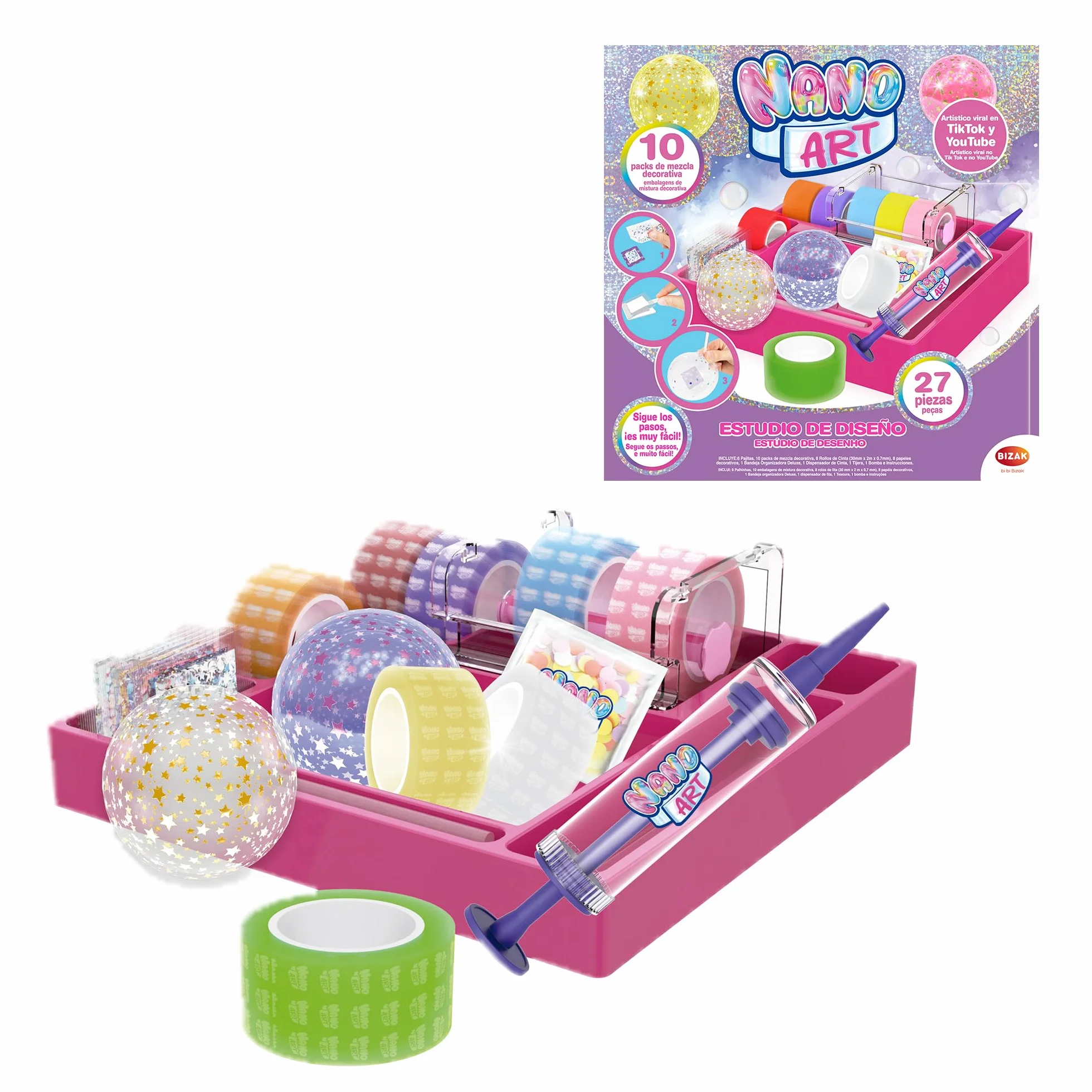 Bizak Nano Art Estudio De Diseño, Pack Deluxe, Kit de Cintas de Doble Cara Multicolor para Hacer Manualidades, para Hacer Burbujas con Brillos, (64524876)