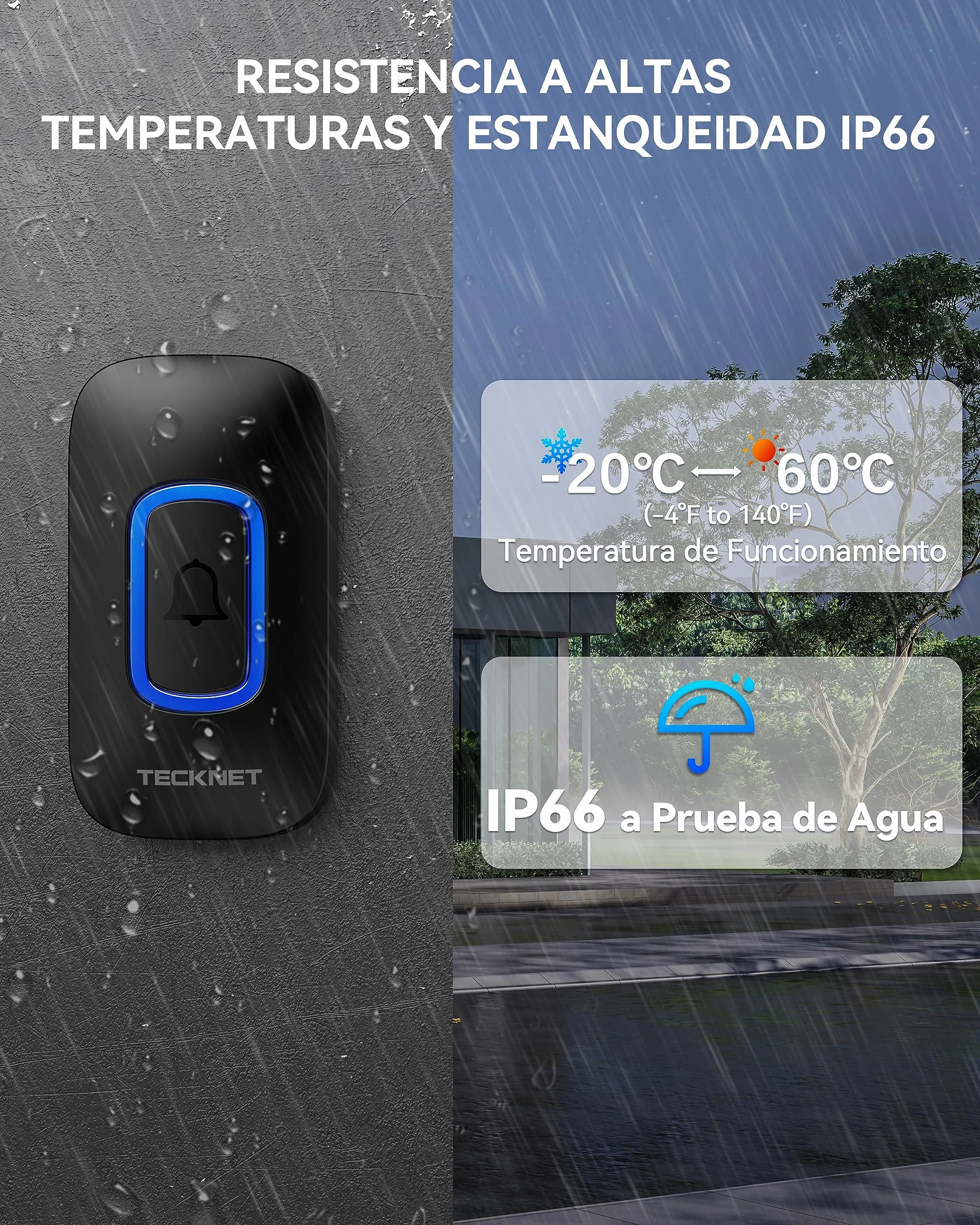 TECKNET Timbre Inalámbrico Funciona con Pilas, 400M Alcance RGB Timbre Inalámbrico Exterior Impermeable IP66, 5 Niveles de Volumen (0-110dB) y 60 Melodías para Hogar/Hotel/Oficina/Emergencia, etc