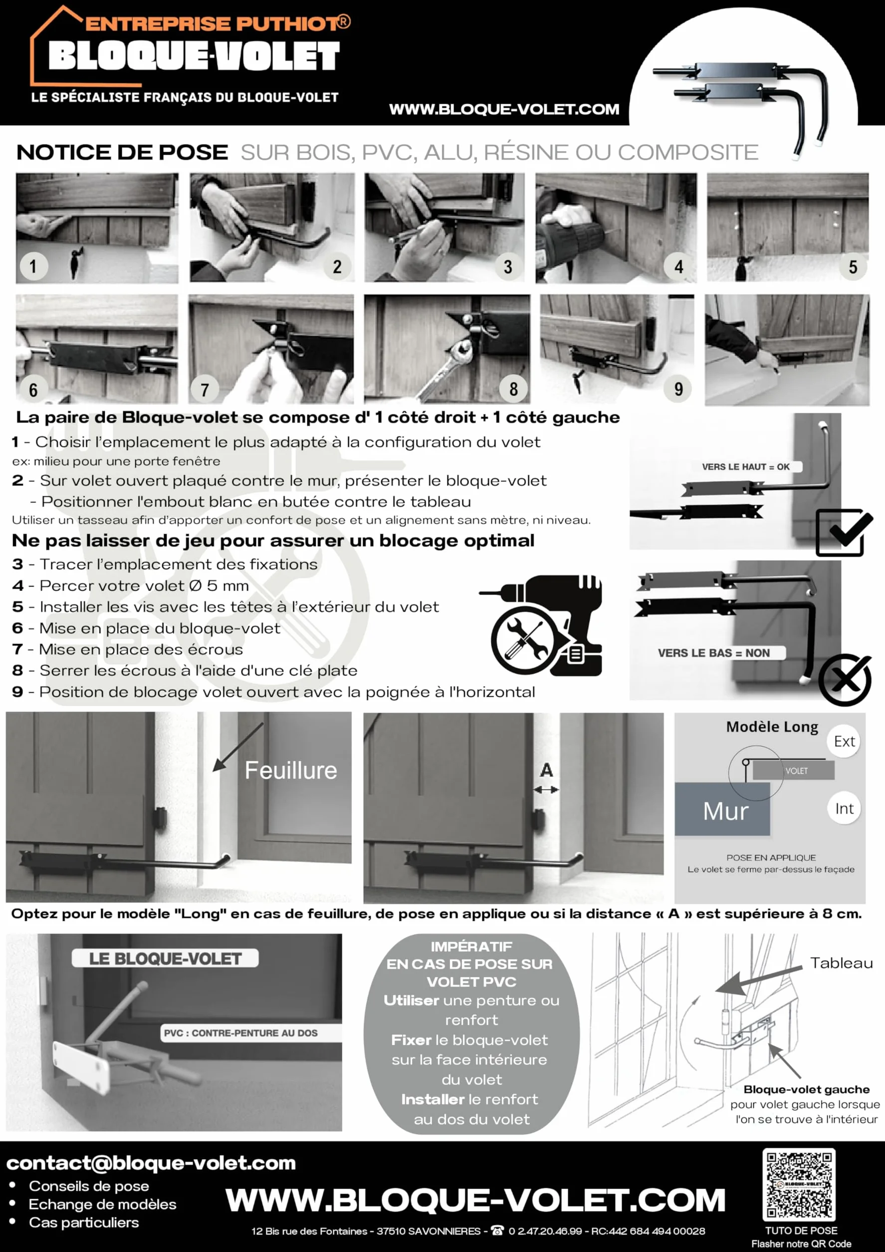 BLOQUE VOLET GAUCHE NOIR: Arrêt de volet avec poignée pour ouvrir et fermer facilement tous volets battants sans se pencher. Blocage des volets ouverts. Facilité et sécurité au quotidien. Côté gauche vue de l'intérieur. Volet ouvrant sur la gauche