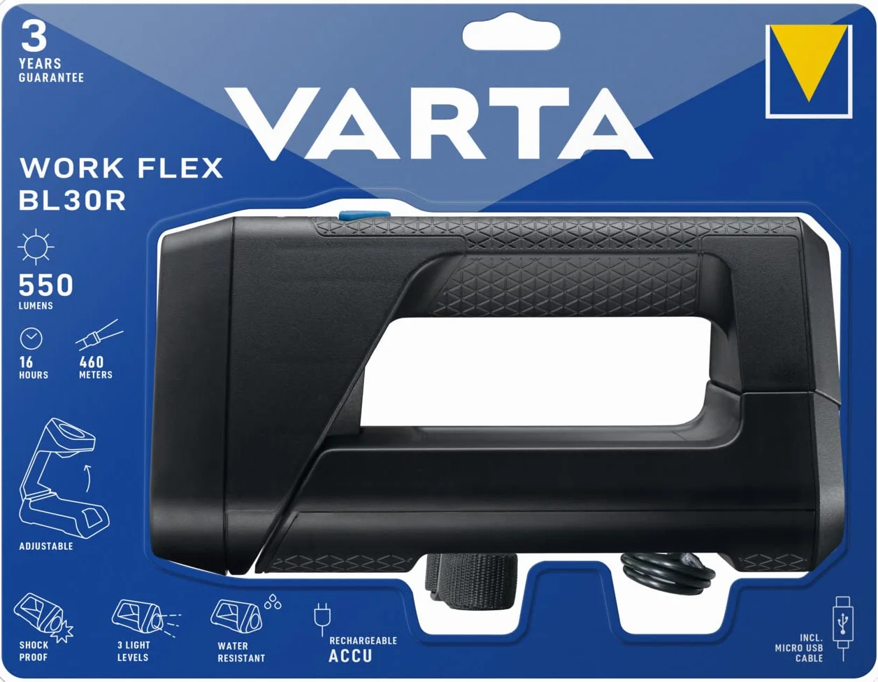 Varta 18684101401 Lámpara de Mano Flexible, 3600 W, Negro, Talla Única | Lámpara de trabajo con 3 modos de luz, 550 lúmenes, IPX4, micro USB, foco para iluminación específica