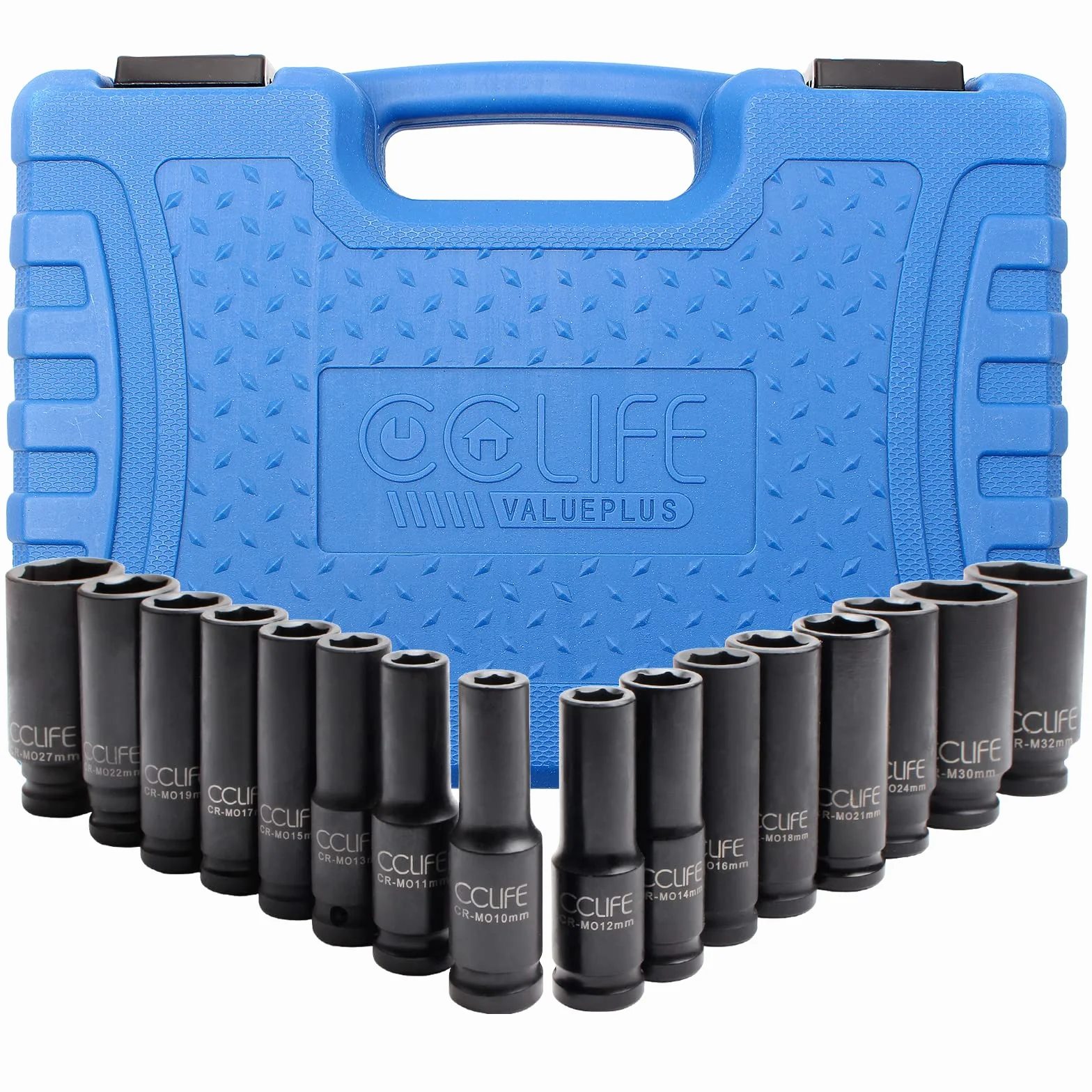 CCLIFE Juego de 16 piezas Llaves de Vaso Impacto 1/2" Vasos de Impacto Largos Cr-Mo 10-32mm