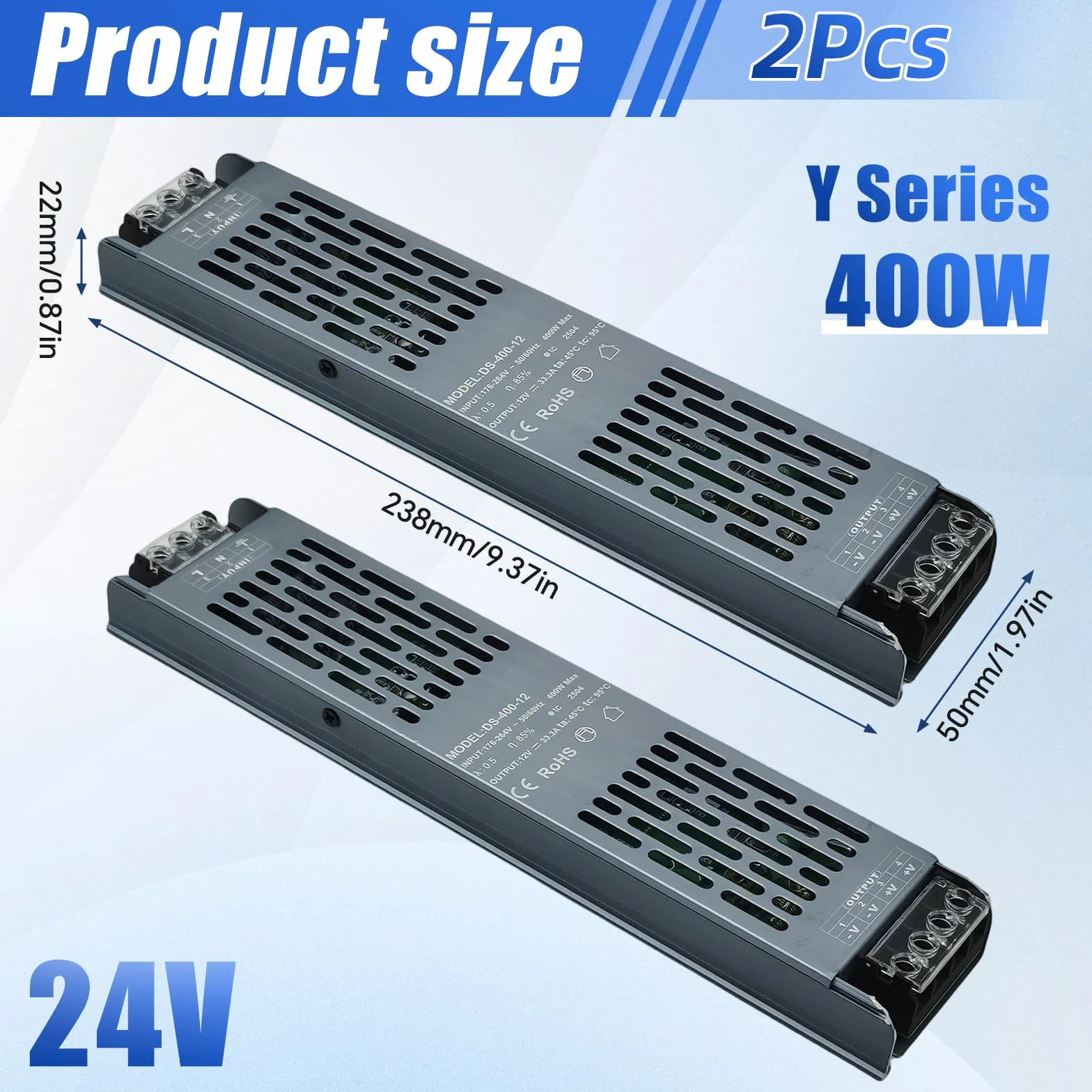 Transformador 220V a 24V 400W LED Driver, Fuente de Alimentación AC 220, 230 V a DC 24 V Driver de Bajo Tensión, Controlador Voltaje Constante para Tiras LED,2PCS