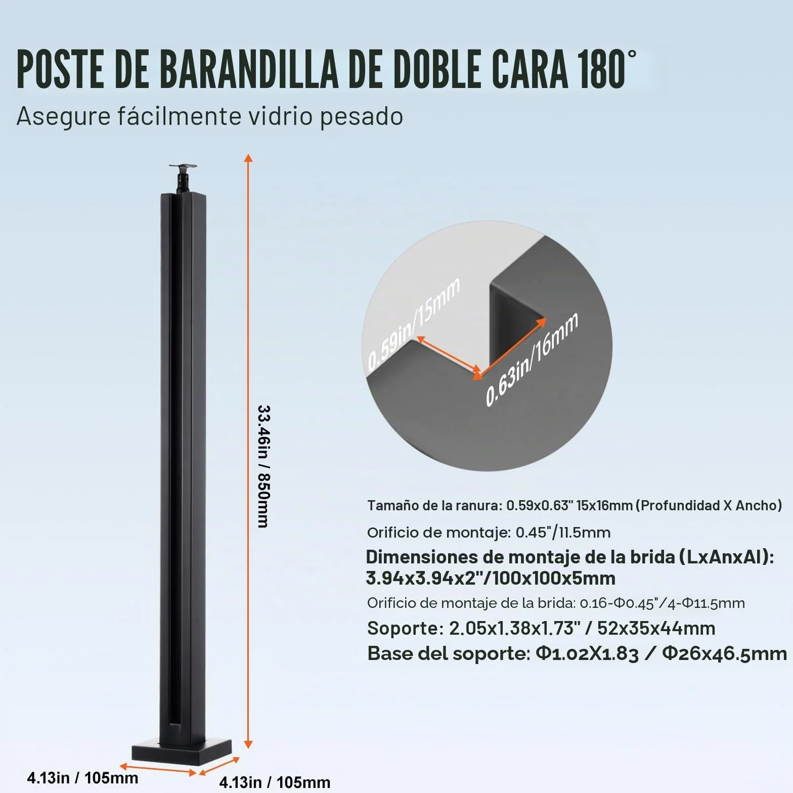 VEVOR Abrazadera de Vidrio, Soporte de Barandilla de Vidrio de 910 x 105 x 105 mm para Vidrio Templado de 10-12 mm de Espesor, Acero Inoxidable 304, para Balcón, Jardín, Cubierta, Escalera, Negro