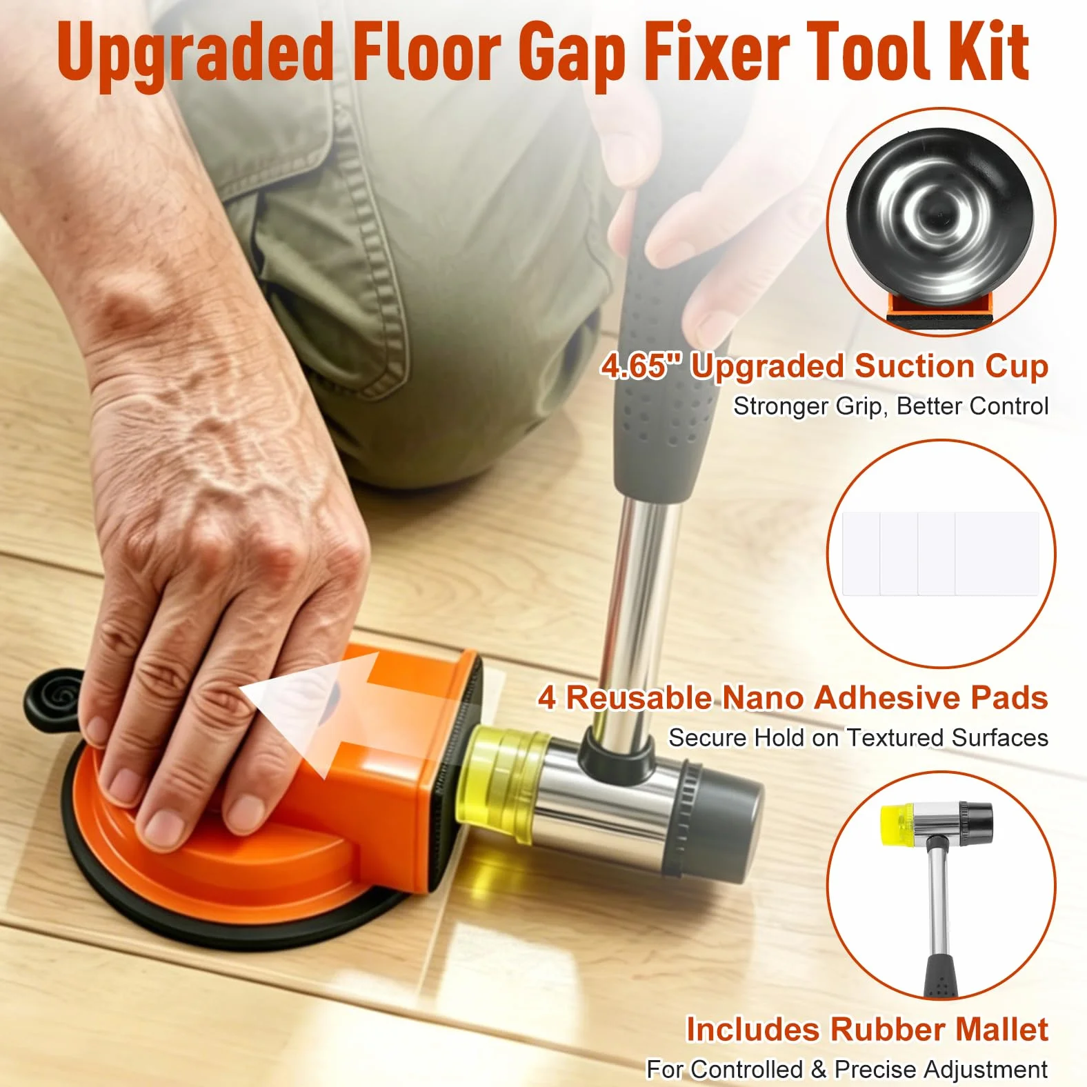 Kit de herramientas de fijación de huecos de piso, herramienta de reparación de huecos de suelo laminado con mazo de goma y 4 almohadillas adhesivas reutilizables, herramienta de piso de ventosa