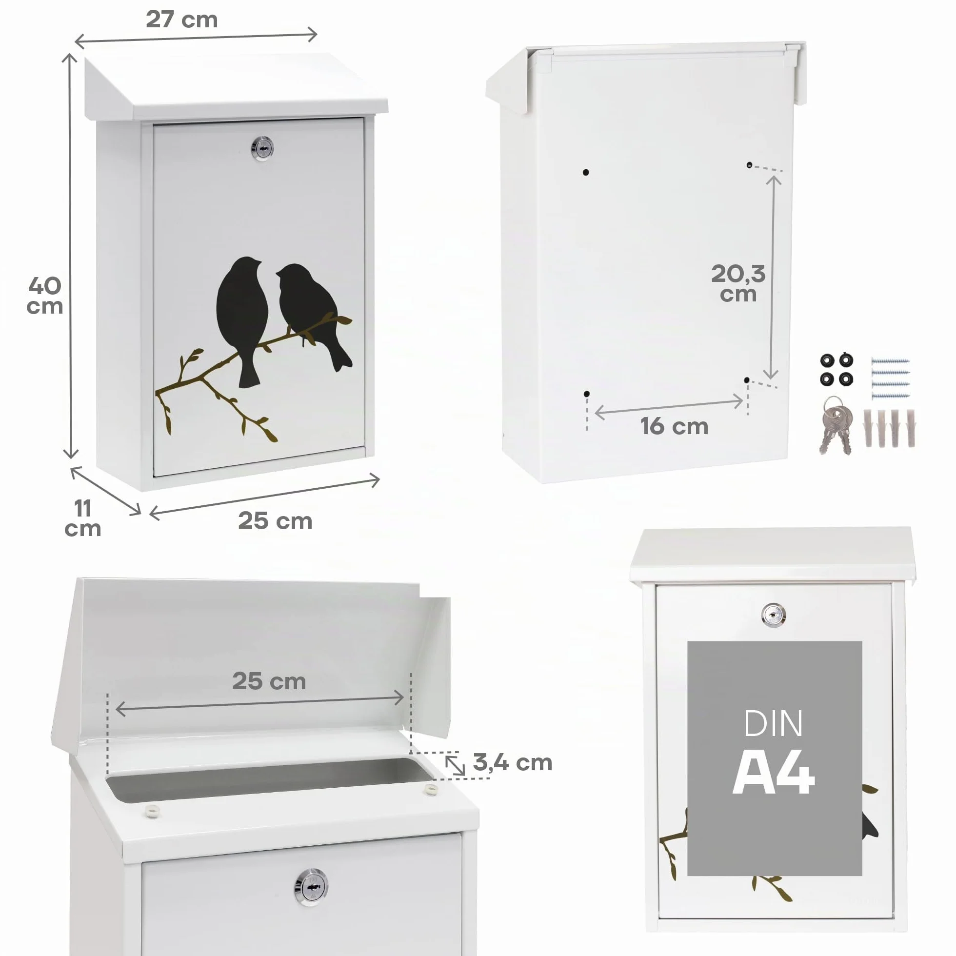 ARREGUI Premium Graphic E5601-BIR Buzón Exterior de Acero con Serigrafía Decorativa 'Birds', Tamaño M (Correo DIN A4 y Revistas), Antilluvia, Fácil de Instalar, Blanco