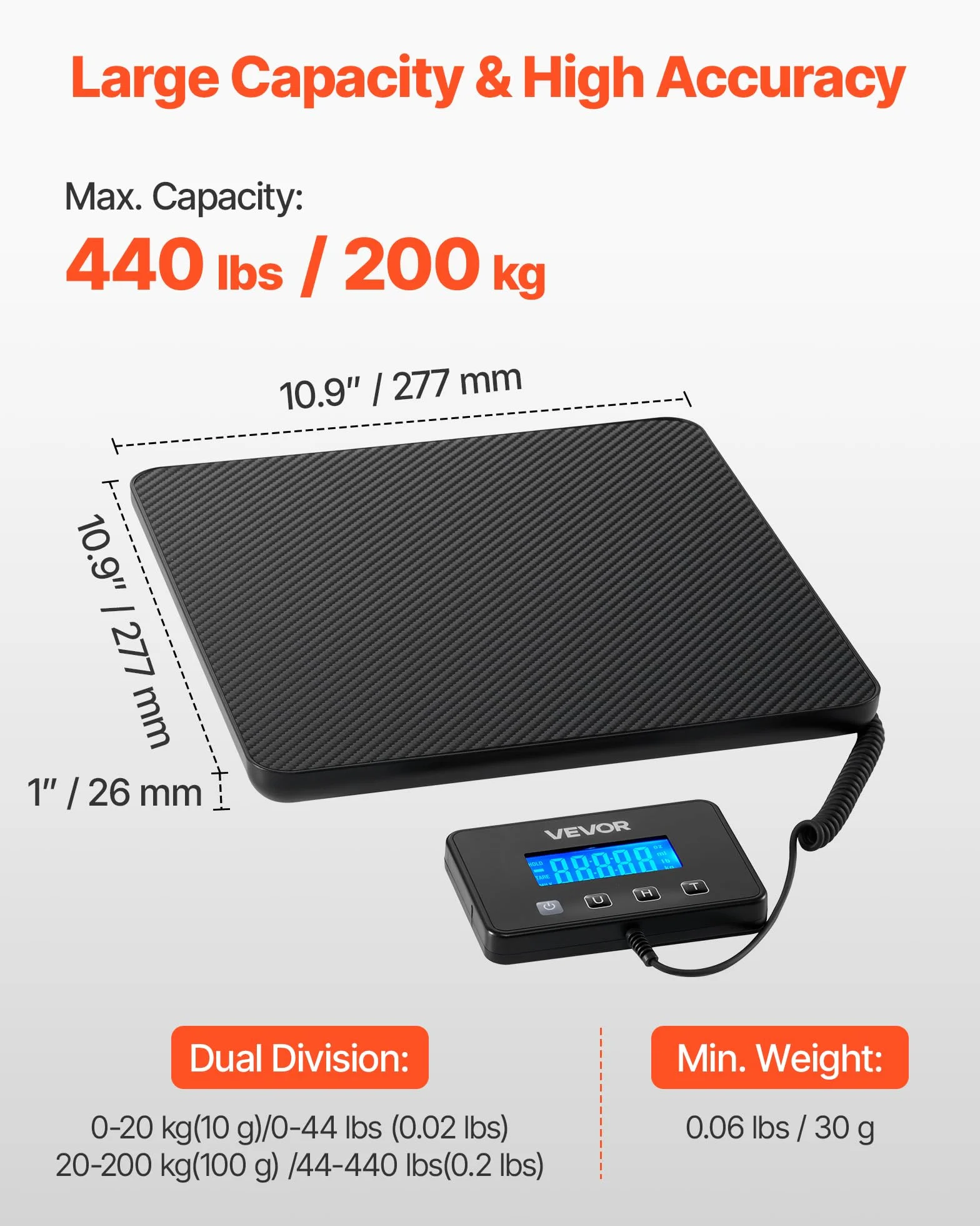 VEVOR Báscula Digital para Paquetes 200 kg Plataforma con Tara Retención Pantalla LCD