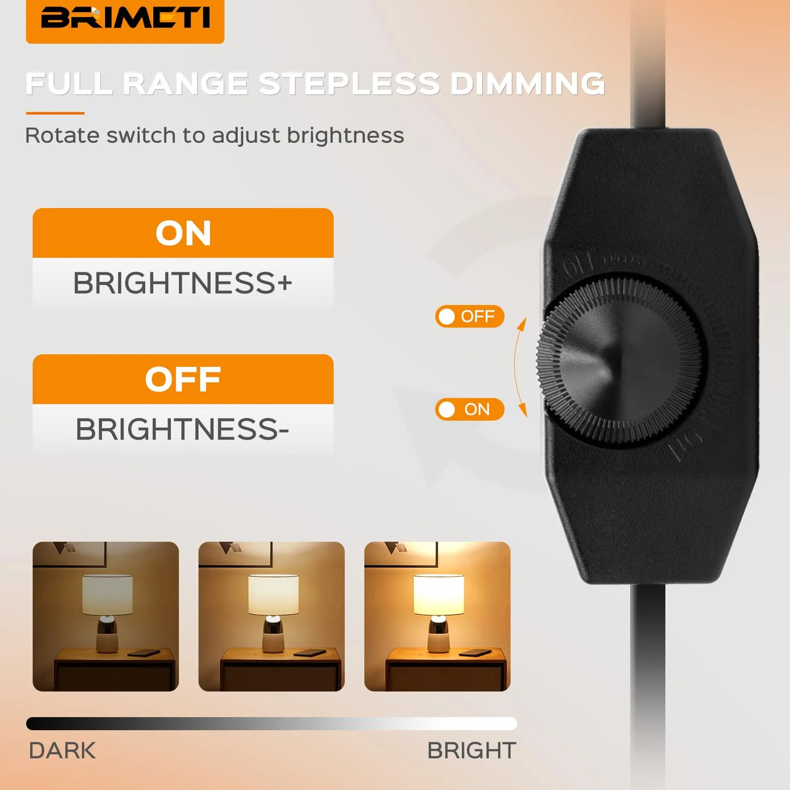 Regulador LED con Interruptor, BRIMETI 2 Meter Regulador de Intensidad Cable, Dimmer Lámparas LED 220-240V, 100W Max Enchufe Cable Extensión Regulador Rotativo, Interruptor Dimmer para Led Regulable