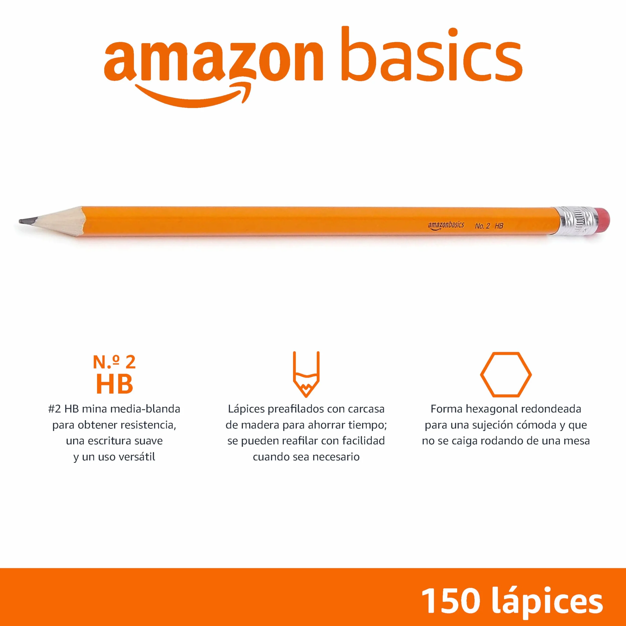 Amazon Basics Lápices 2HB de grafito, preafilados, paquete de 150