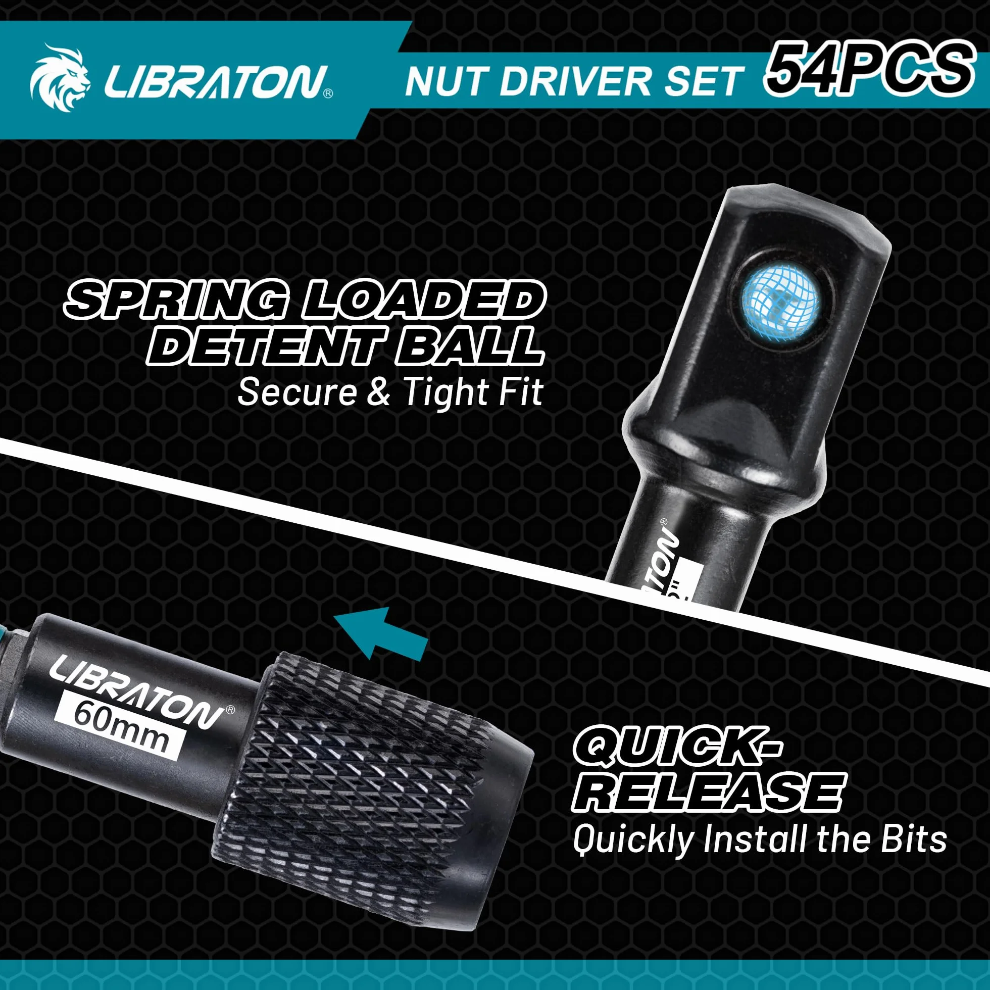 LIBRATON 54 Destornilladores de Tuerca Magnéticos, Brocas de Impacto de 1/4", Métrico y SAE para Taladro, Adaptadores de Vaso, Extensión de Liberación Rápida, Destornilladores de Tuerca de Ala, Caja