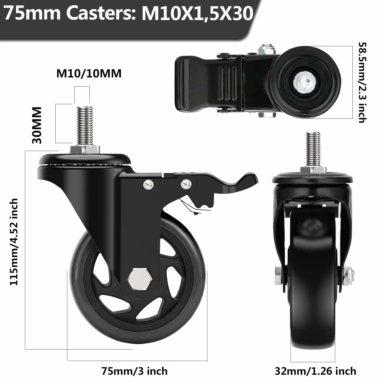 Ruedas para Muebles con Perno M10x1,5x30mm, 75MM Ruedas Giratorias con Freno, Ruedas Pivotantes 360 Grado que No Dejan Marcas, 4 Ruedas Transporte de Doble Rodamiento Capacidad 400KG