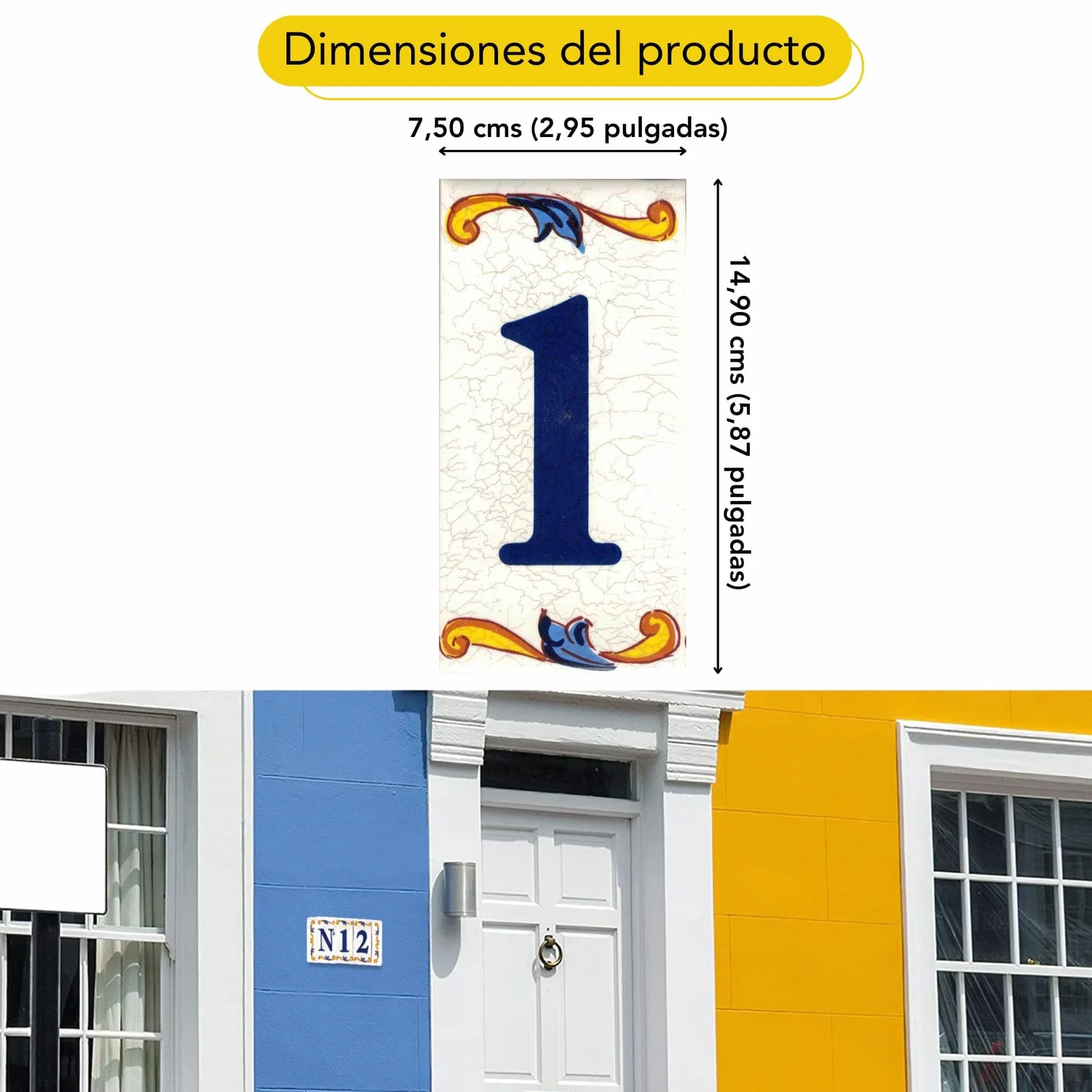 Números casa. Numeros y Letras en azulejo. Calca cerámica. Estilo craquelé. Nombres y direcciones. Diseño Craquelé Grande 7,5x15 cms (Número uno "1")