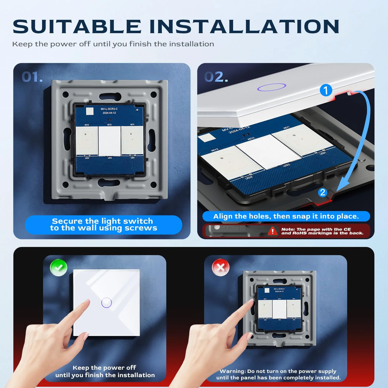 BSEED Interruptor de Luz 1 Gang 1 Vía,NO Interruptor WiFi,Interruptores tactil pared Blanco con indicador LED,Interruptores de luz con panel de vidrio templado,sin cable neutro