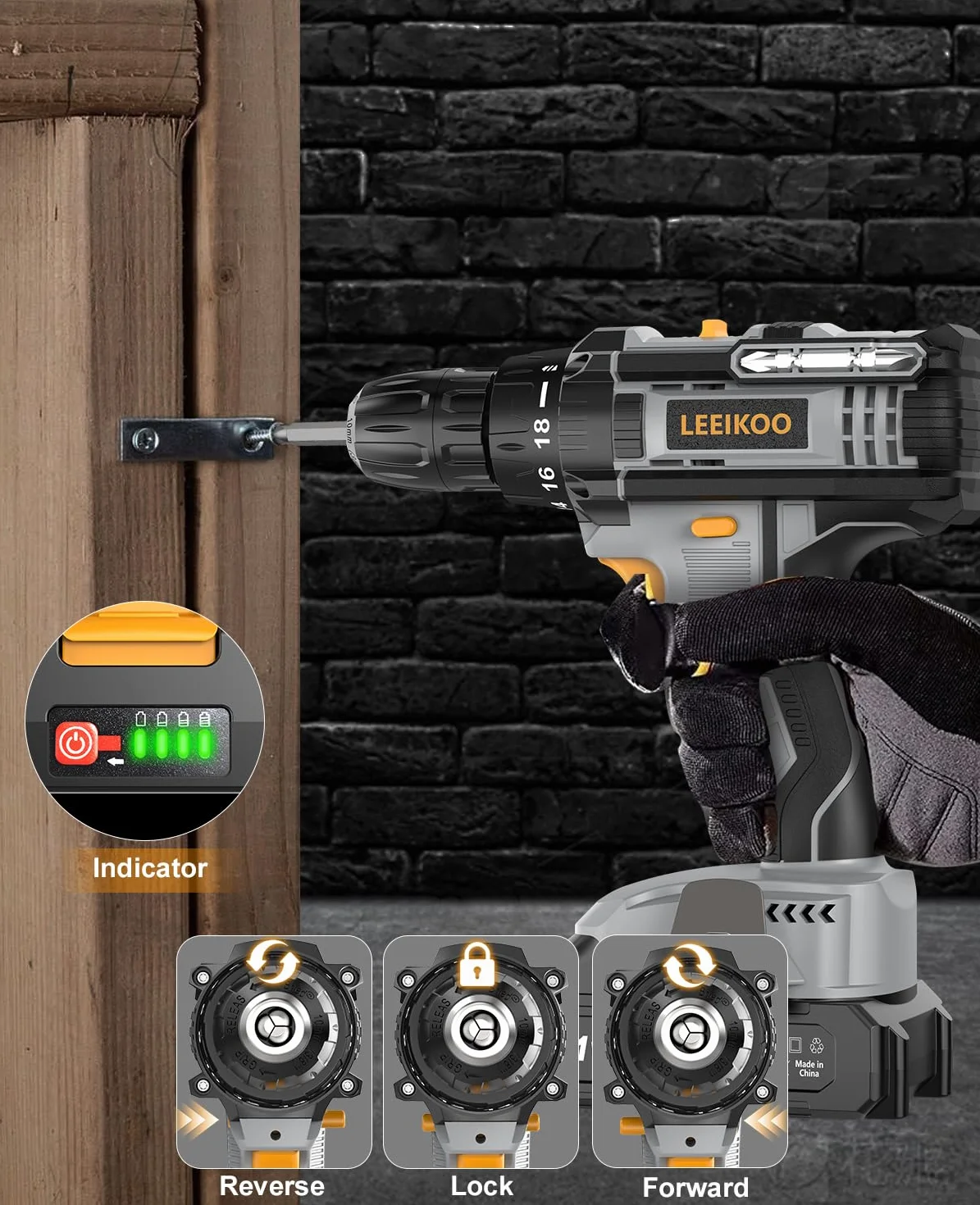 Taladro Atornillador Batería, LEEIKOO Atornillador Electrico 21V, 42N.m con 2 Baterías 2.0Ah, 18+1 Ajuste de Par, 2 Velocidad, LED Luz, 14 Accesorios Para Hogar, Bricolaje, Gris