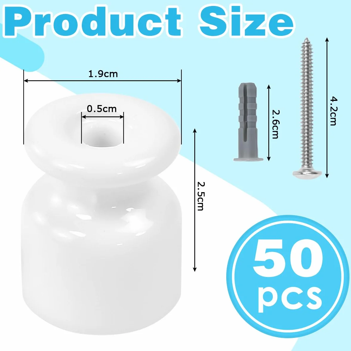 50PCS Aisladores de Porcelana para Cable Trenzado Ø19 mm, Abrazadera Cable Porcelana, Aisladores de Ceramica Blanco, Aislante dePorcelana con Tornillos y Tacos para Seguridad deCable Eléctrico