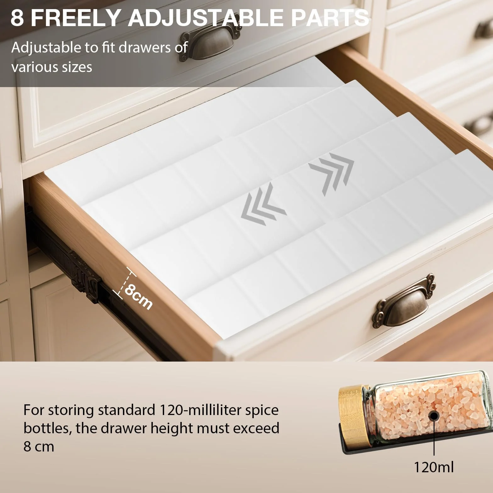 VINATO Organizador de Especias para Cajones Cocina, 8pcs Ajustable, Estante Extraíble para Especieros, Perfumes, Maquillaje, Blanco